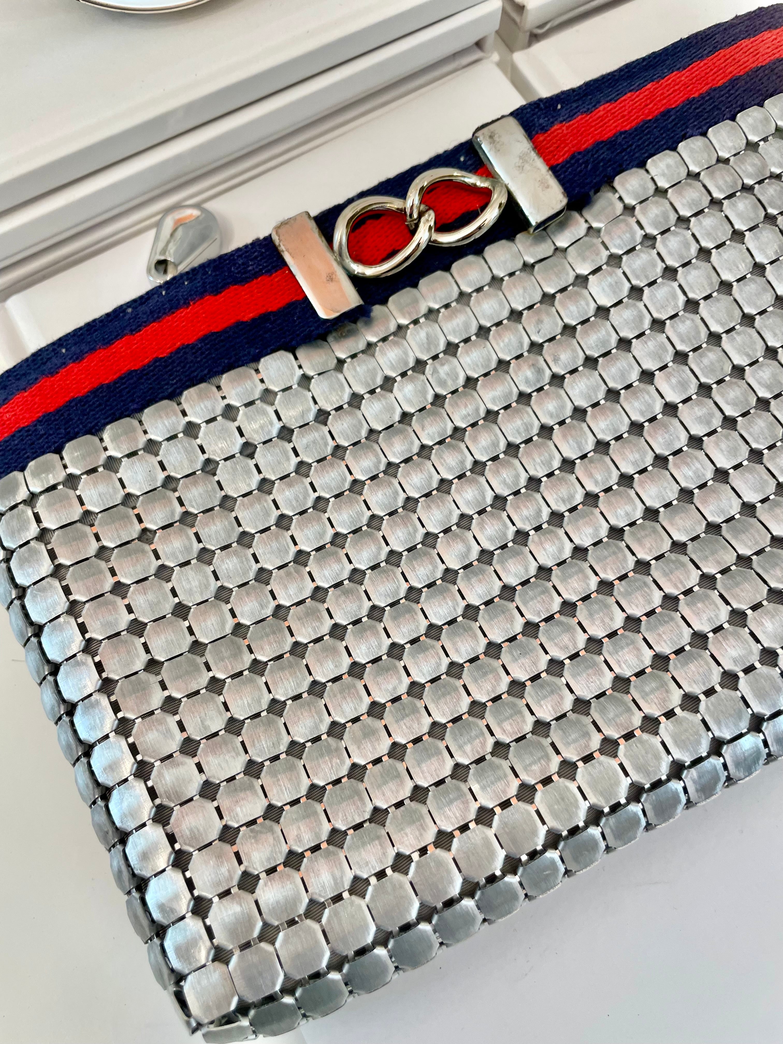 Vintage Whiting and Davis snazzy silver clutch bag, adorned with preppy ribbon!