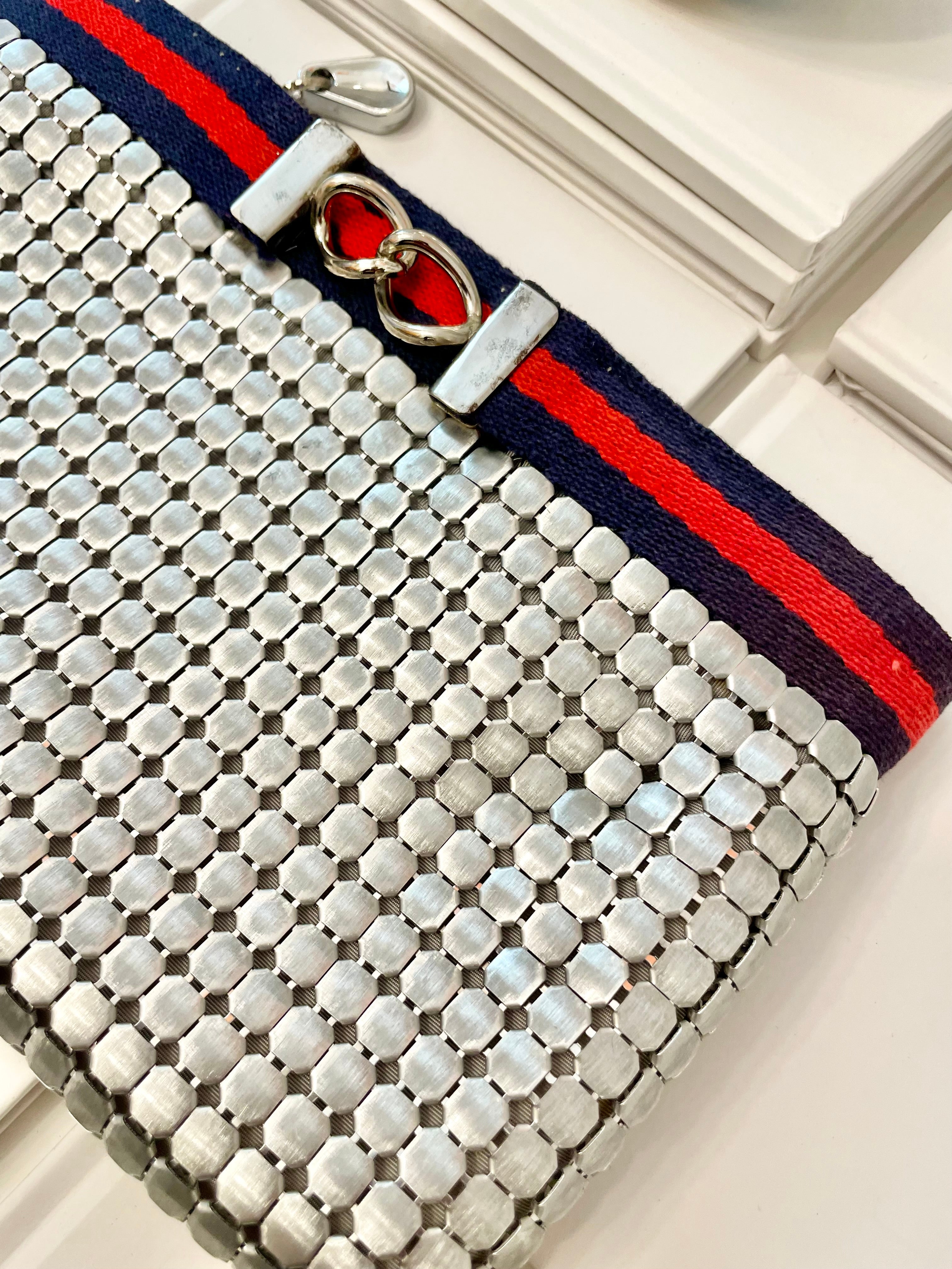 Vintage Whiting and Davis snazzy silver clutch bag, adorned with preppy ribbon!