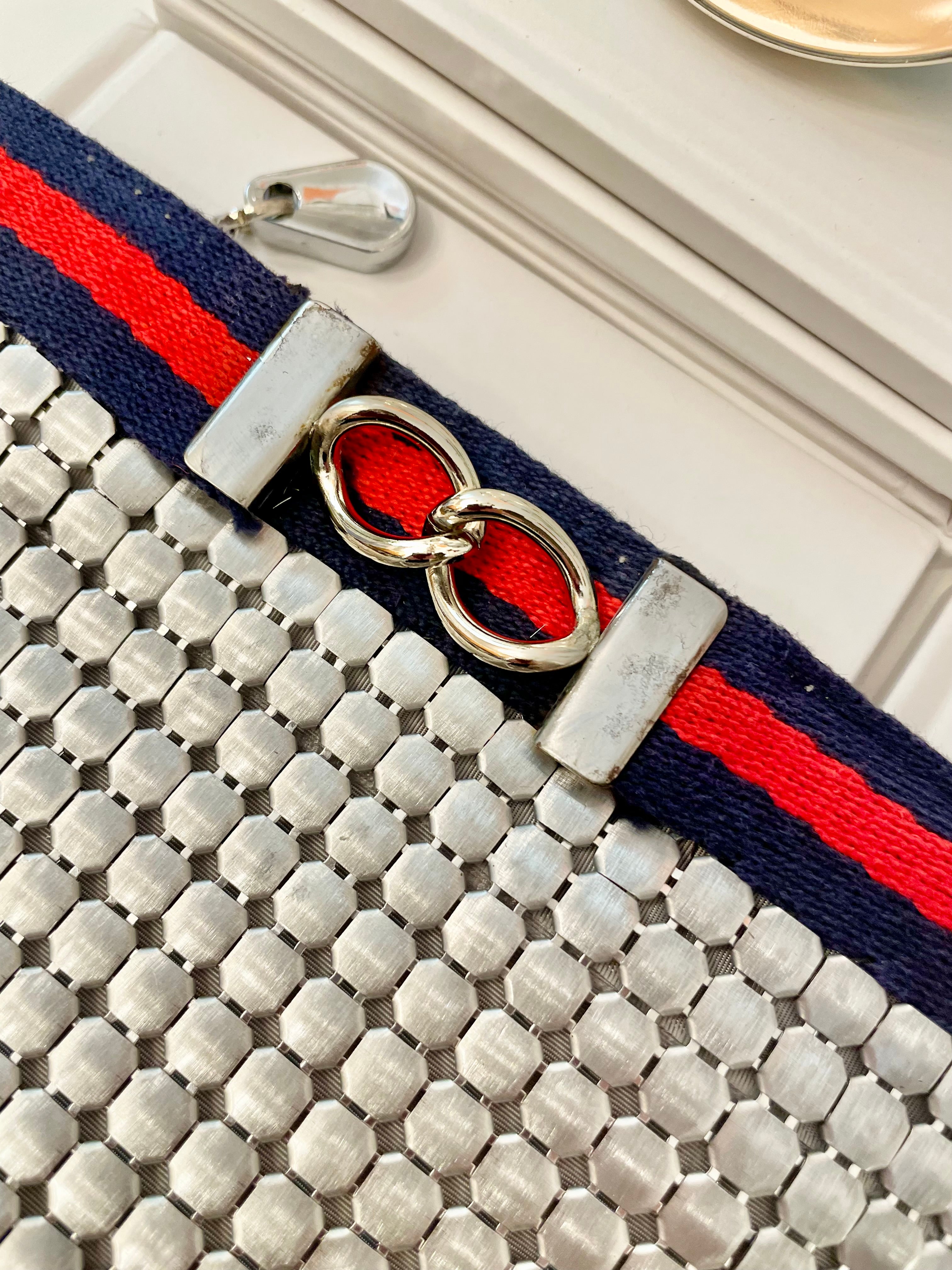 Vintage Whiting and Davis snazzy silver clutch bag, adorned with preppy ribbon!