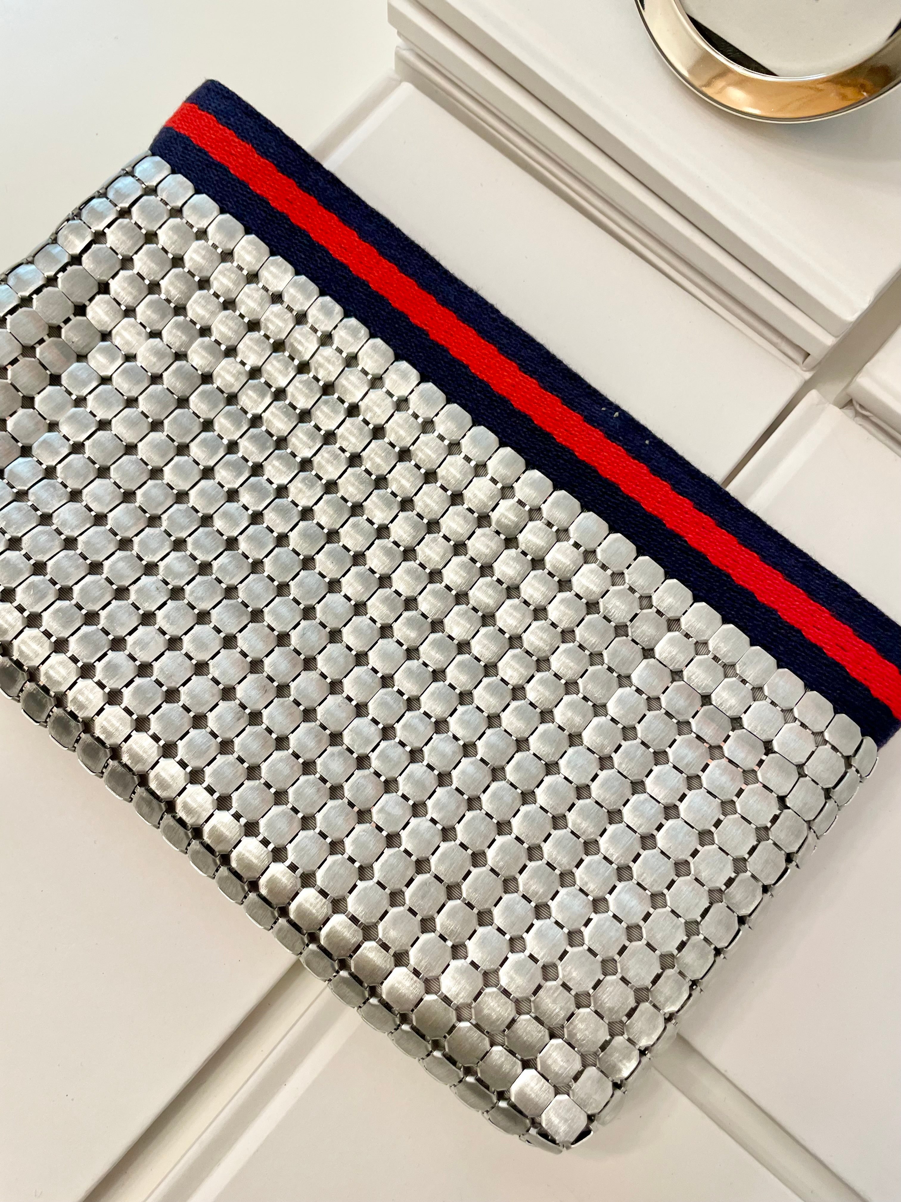 Vintage Whiting and Davis snazzy silver clutch bag, adorned with preppy ribbon!