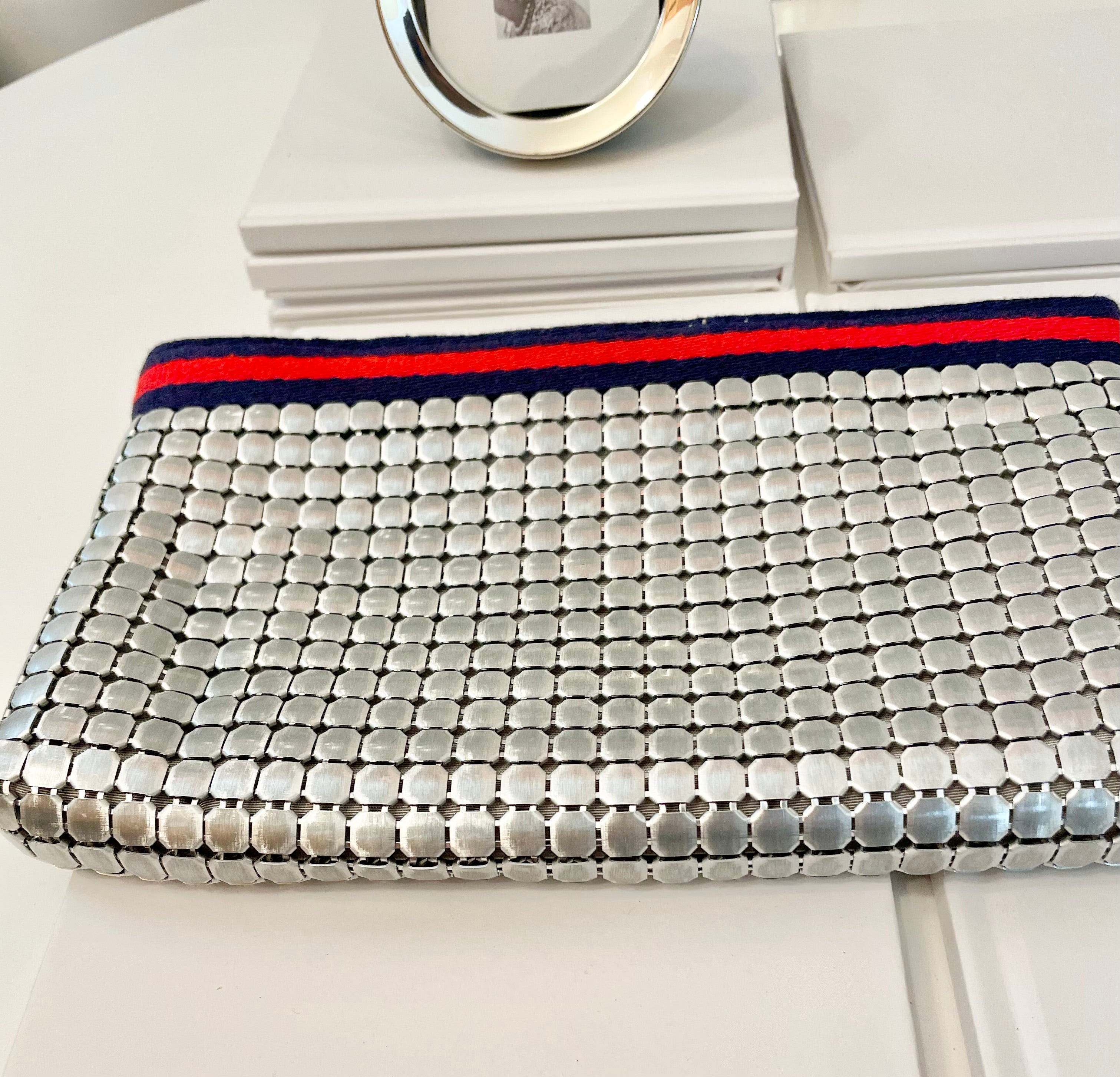 Vintage Whiting and Davis snazzy silver clutch bag, adorned with preppy ribbon!