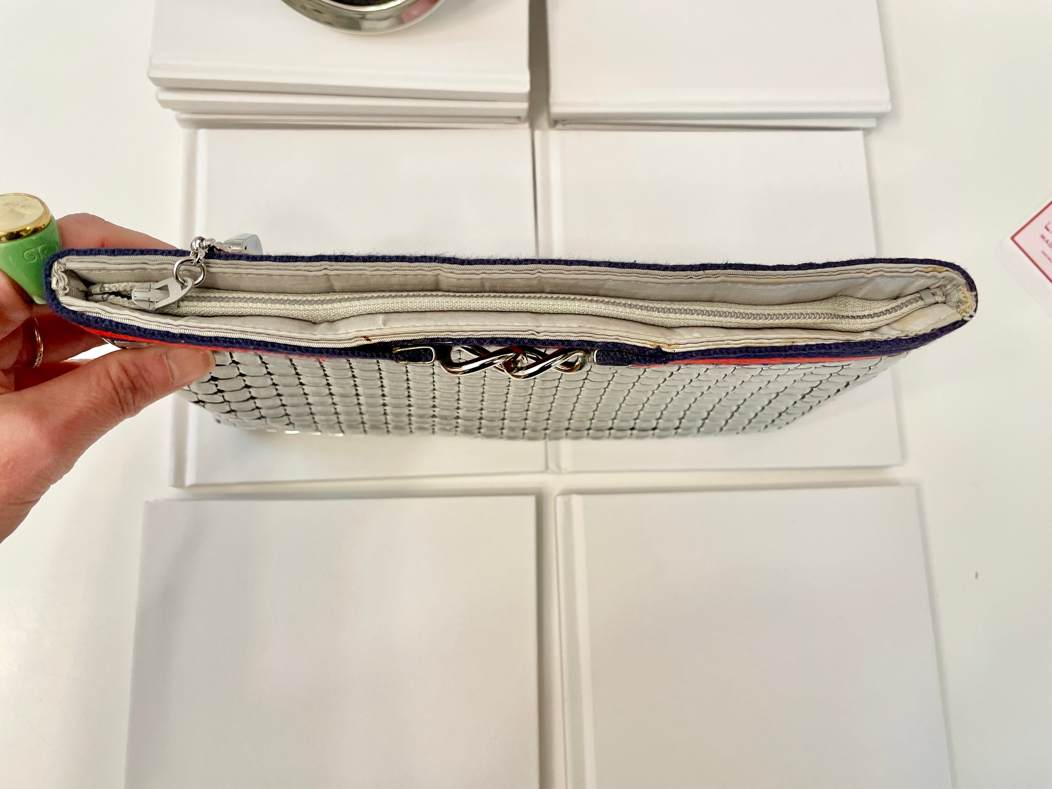 Vintage Whiting and Davis snazzy silver clutch bag, adorned with preppy ribbon!