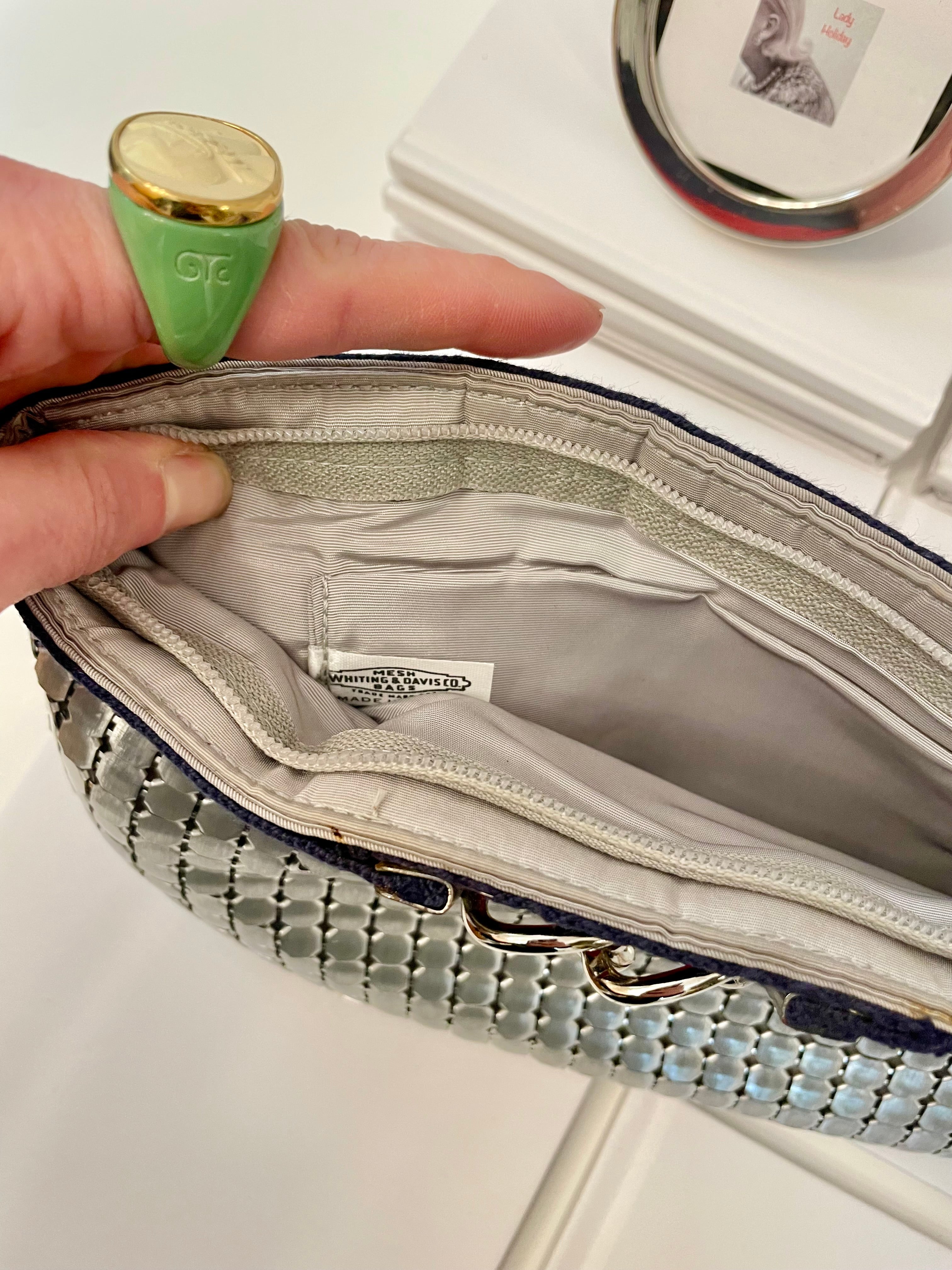 Vintage Whiting and Davis snazzy silver clutch bag, adorned with preppy ribbon!