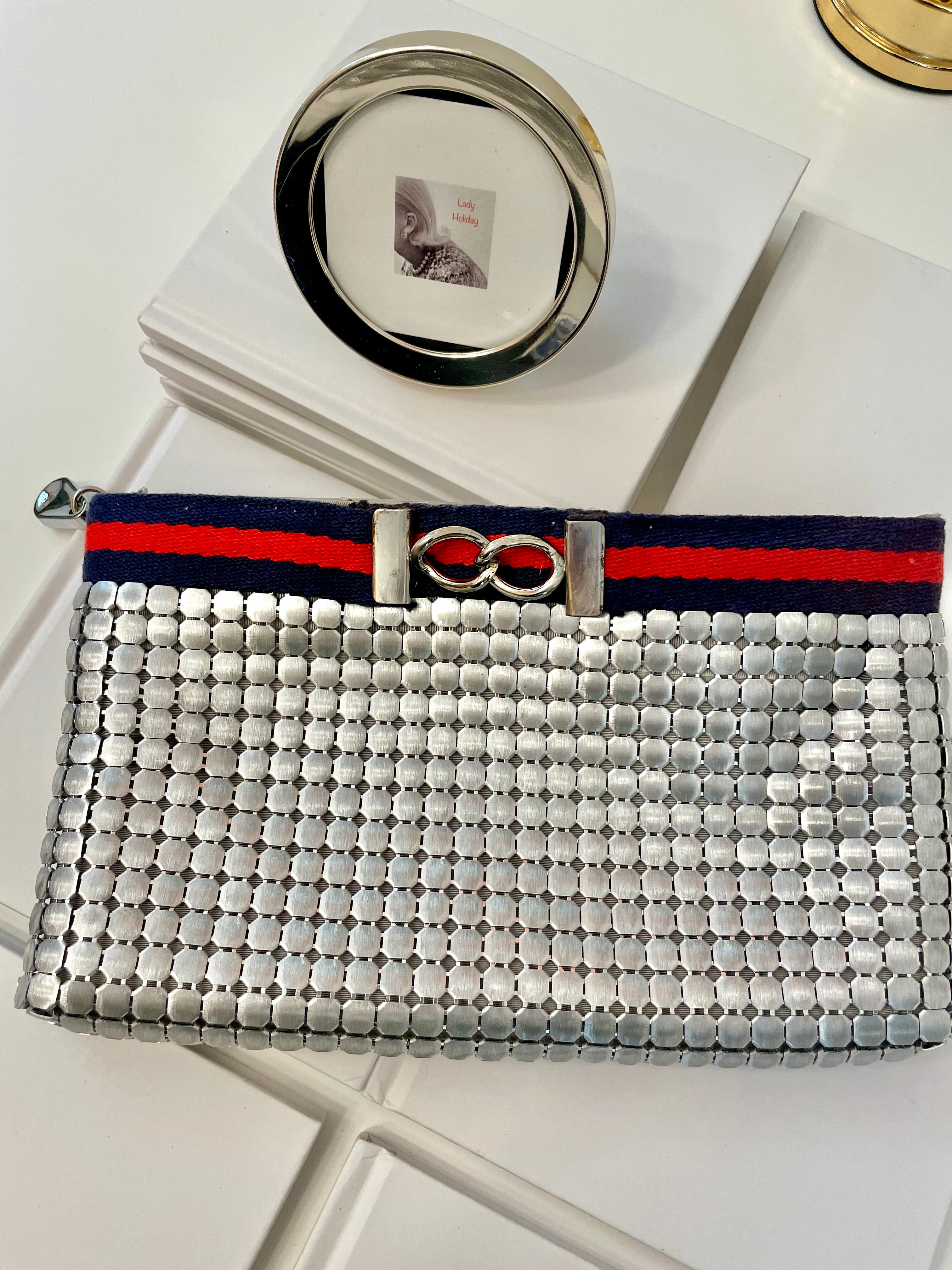 Vintage Whiting and Davis snazzy silver clutch bag, adorned with preppy ribbon!