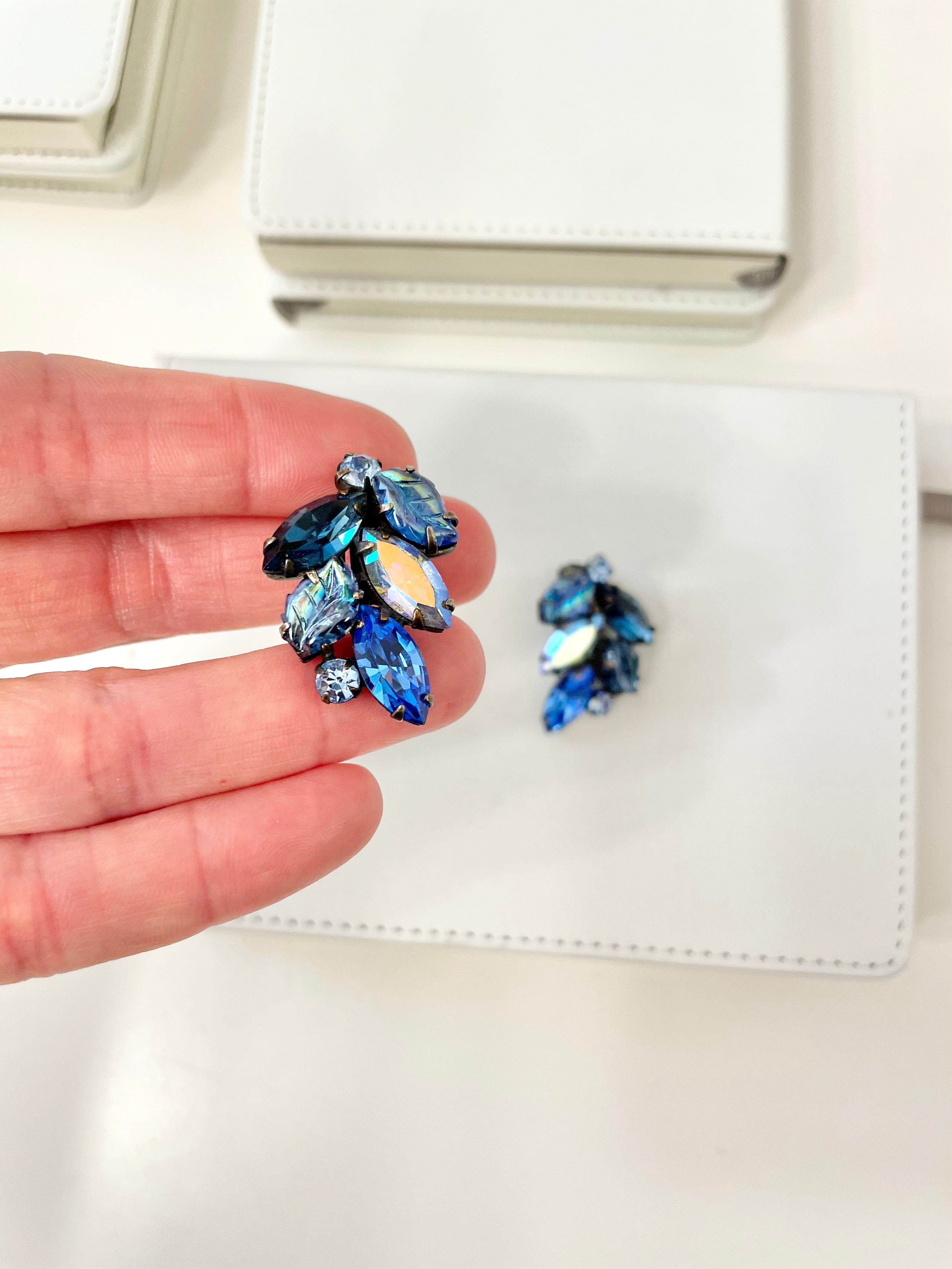 Vintage 1960's elegant Czech blue glass clip on earrings... so extraordinary