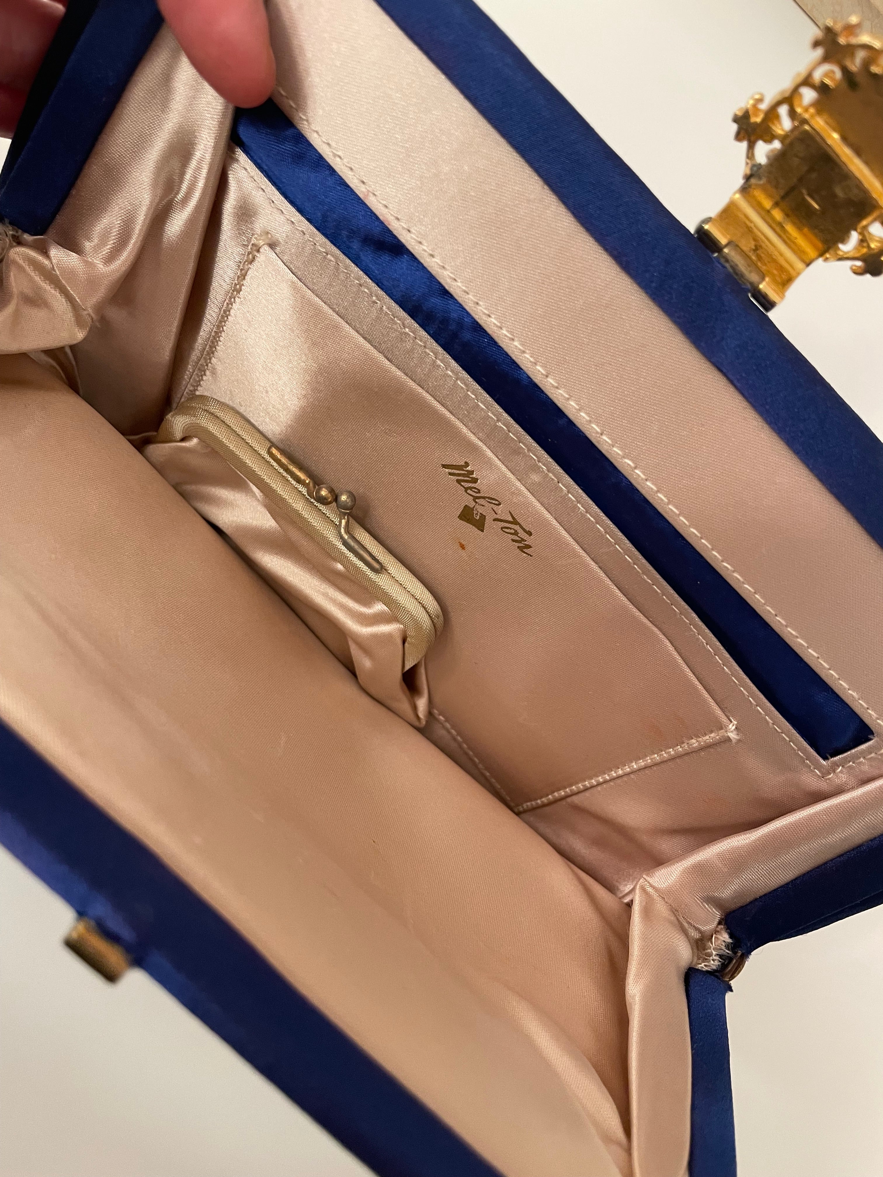 Glamorous and chic, 1960's vintage rich royal blue satin clutch bag, with stunning closure...so elegant