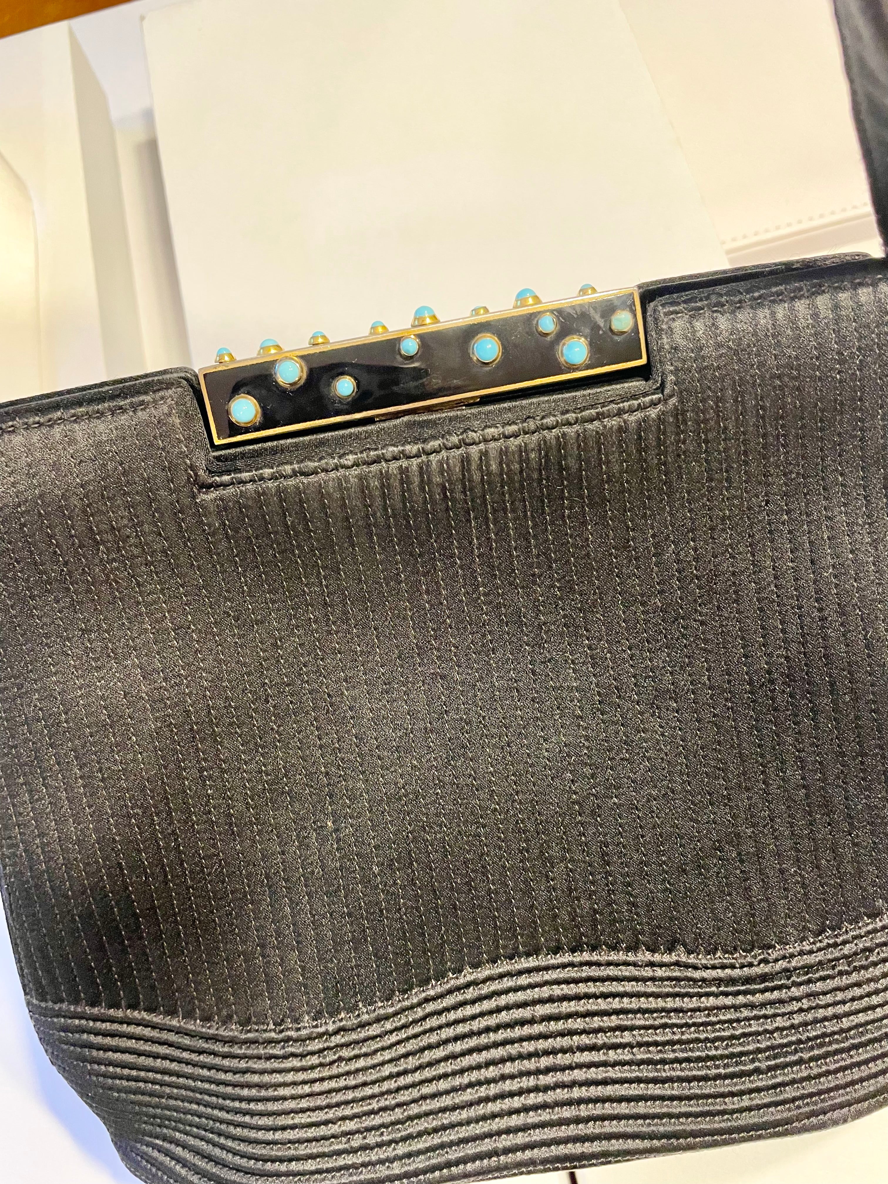 Vintage genuine turquoise, and noir silk, 1950's stunning evening bag.. Made in Paris!