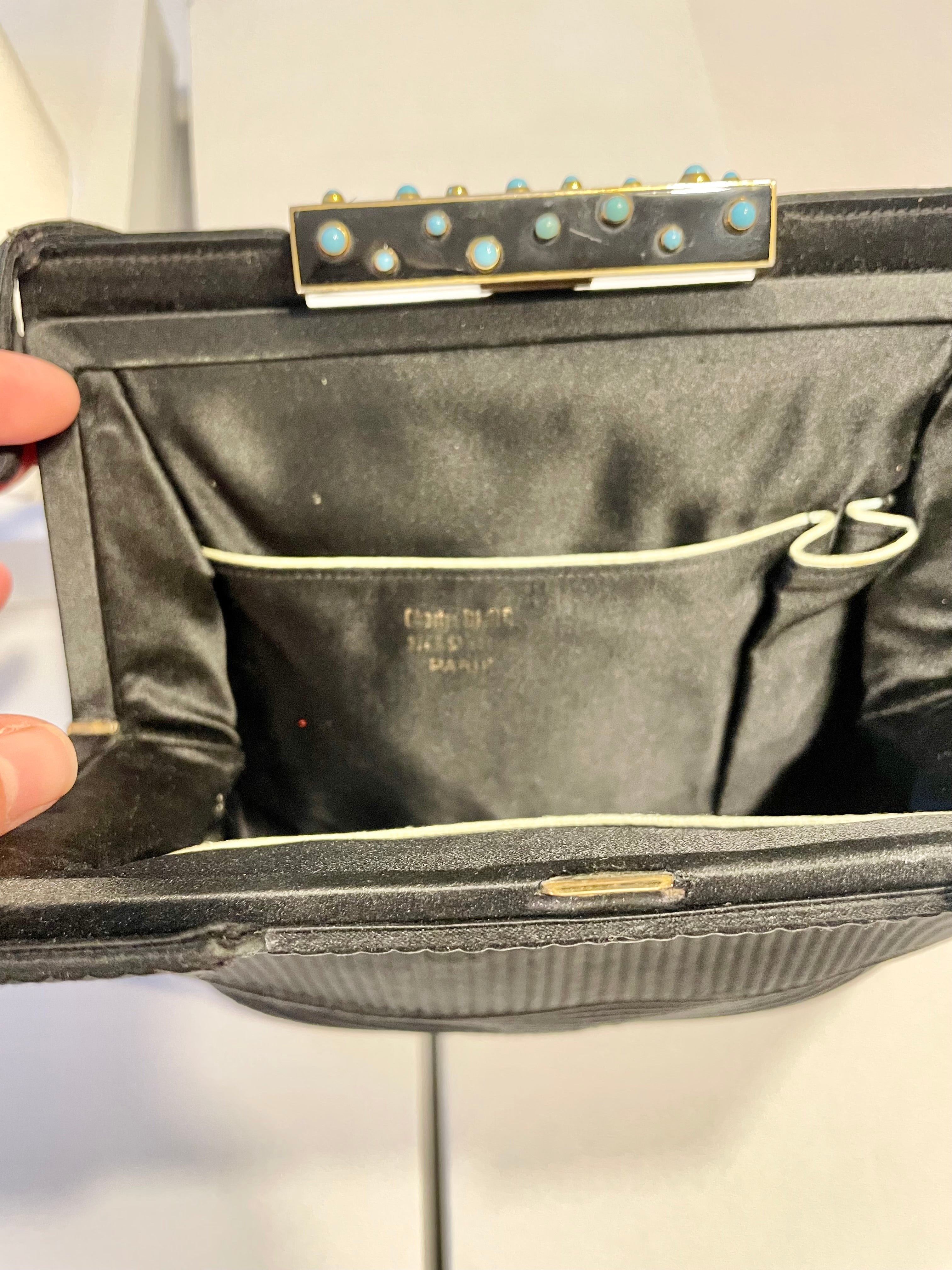 Vintage genuine turquoise, and noir silk, 1950's stunning evening bag.. Made in Paris!