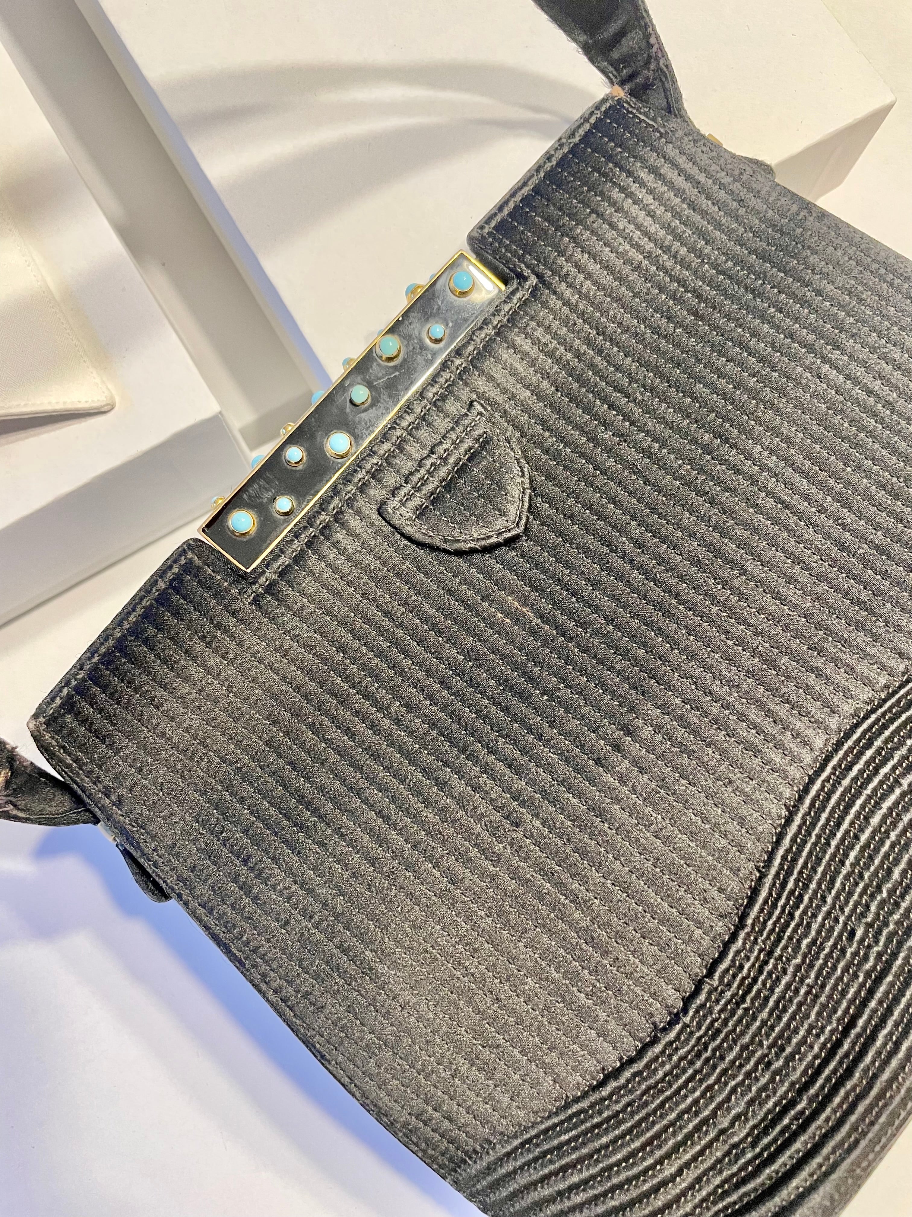 Vintage genuine turquoise, and noir silk, 1950's stunning evening bag.. Made in Paris!