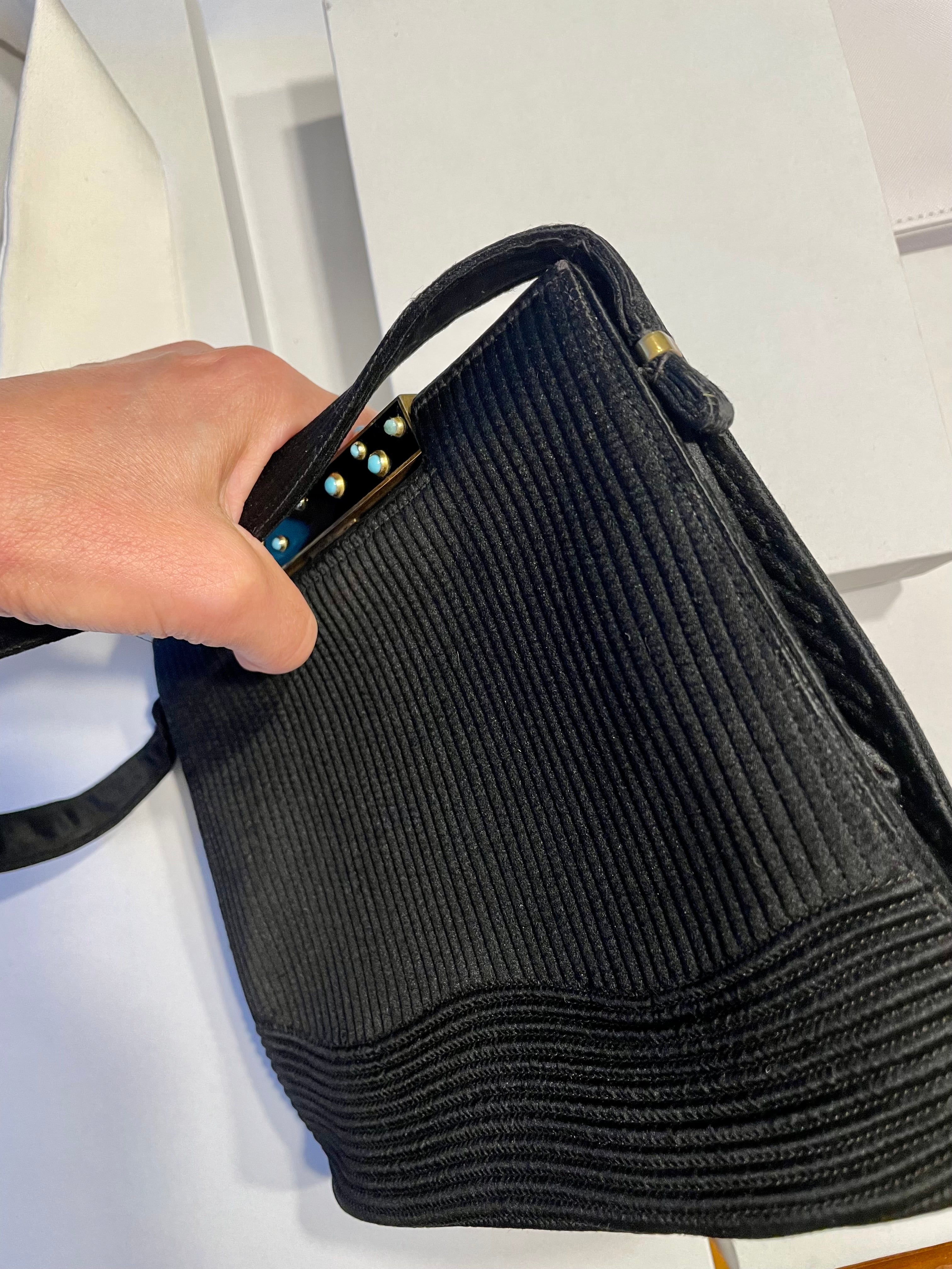 Vintage genuine turquoise, and noir silk, 1950's stunning evening bag.. Made in Paris!