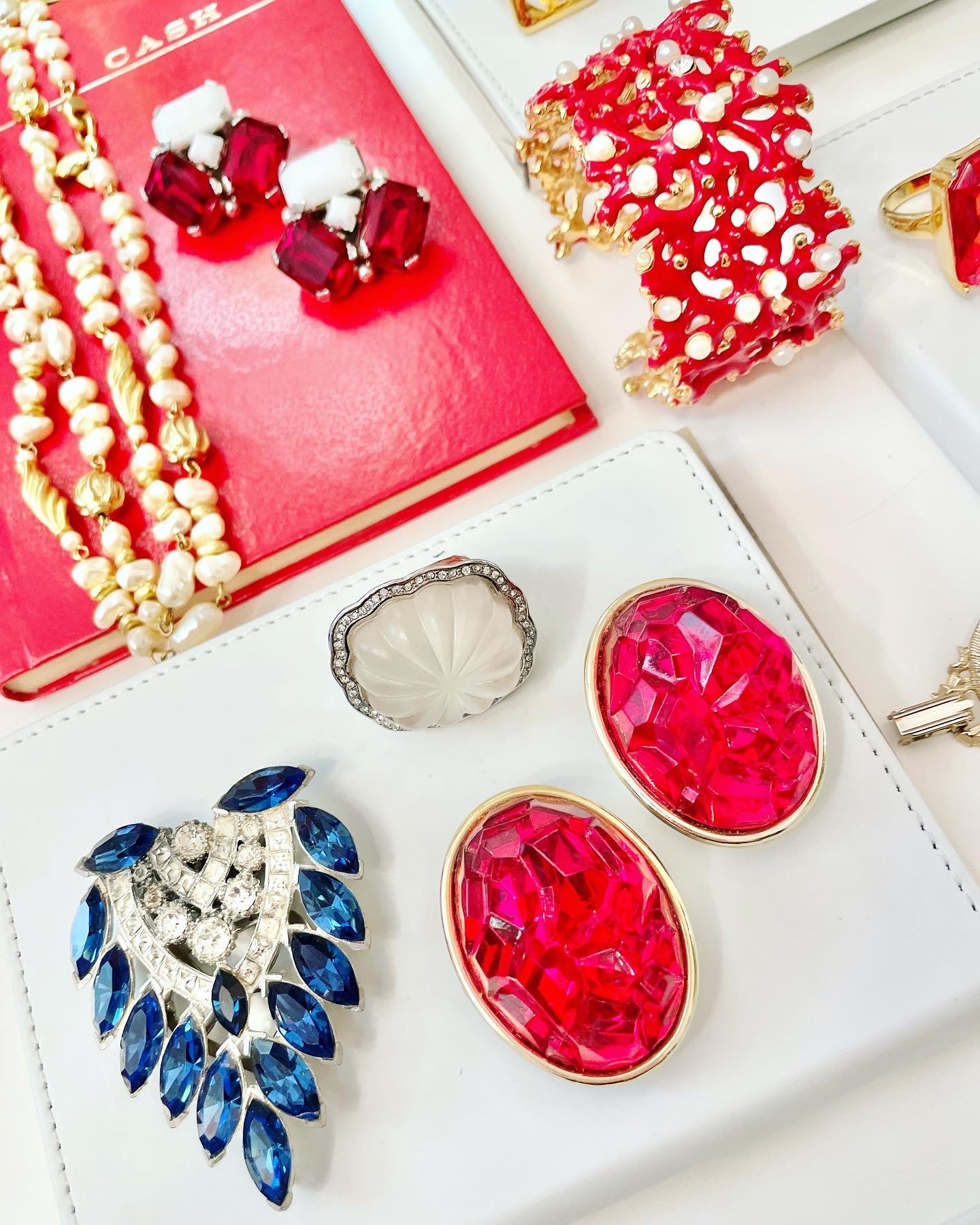 Kenneth Jay Lane, lovely coral cuff bracelet, with a dusting of pearls, and rhinestones! so chic