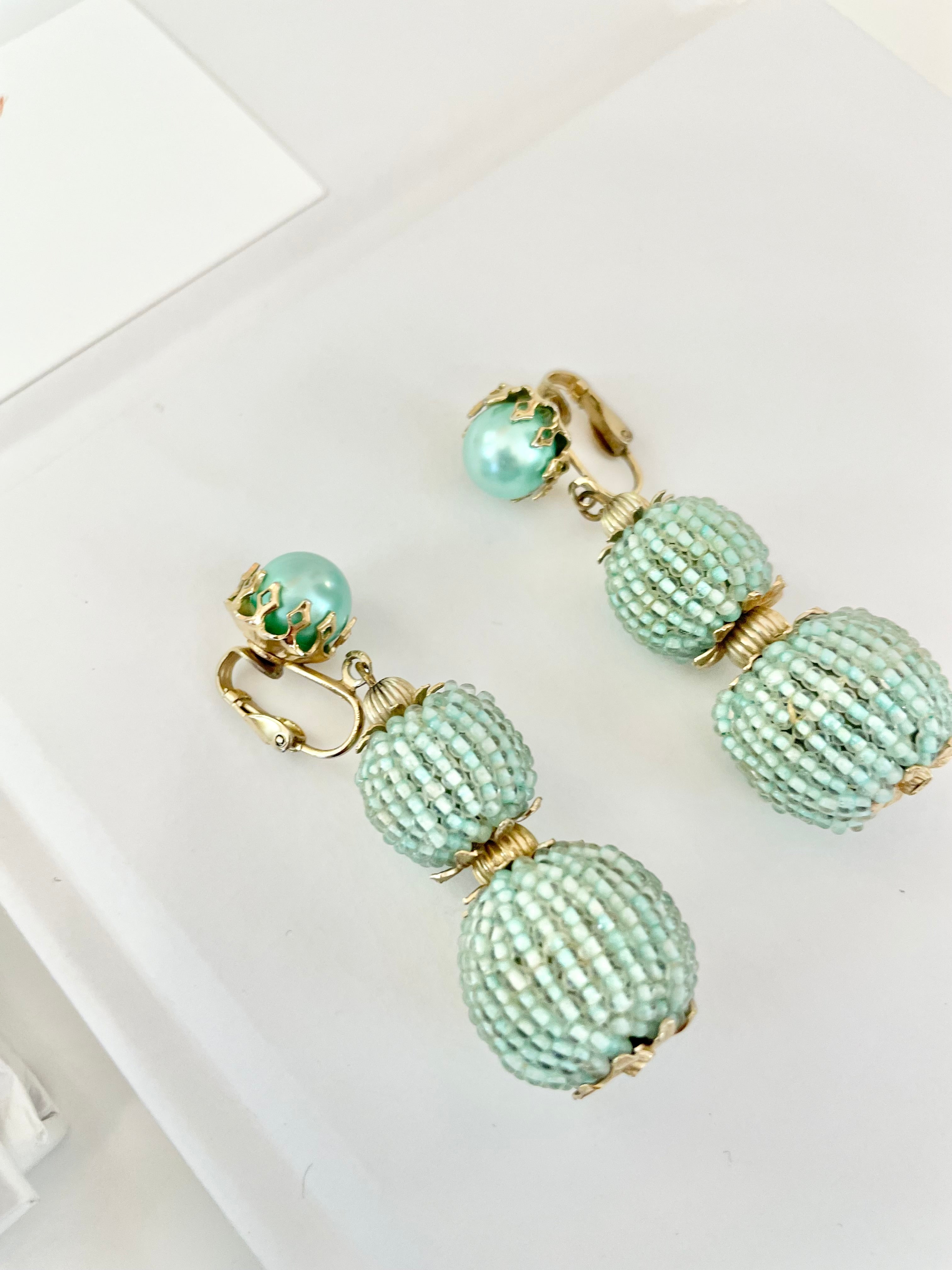 1960's soft mint green Bon Bon clip earrings...