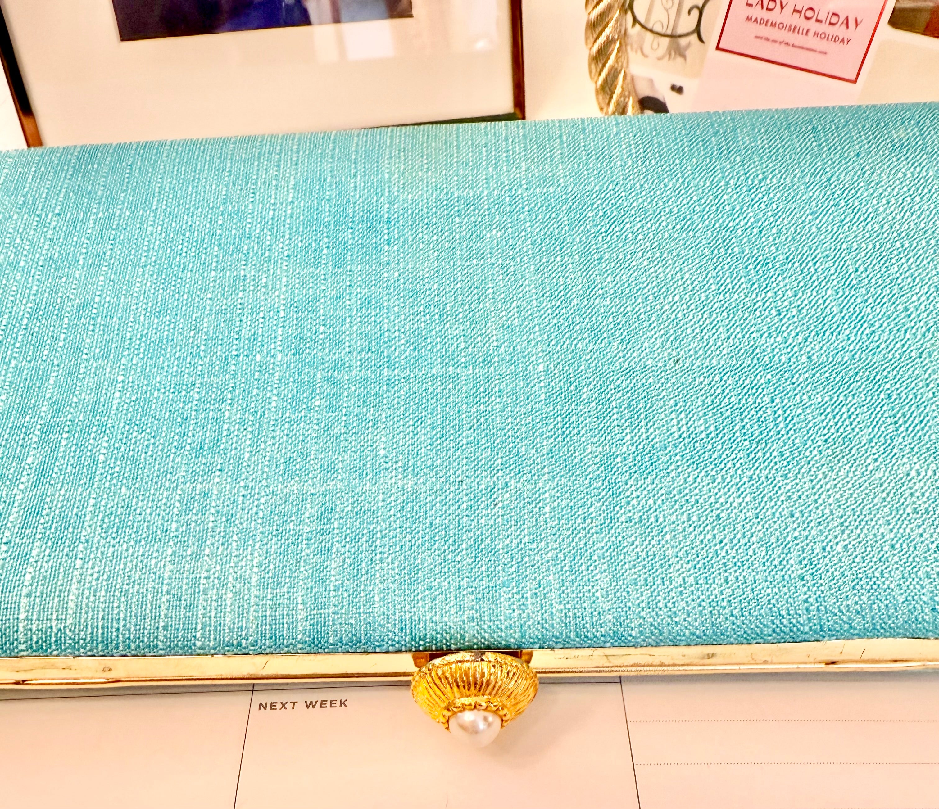 1960's super chic aqua clutch bag adorned with pearl closure... so lovely.