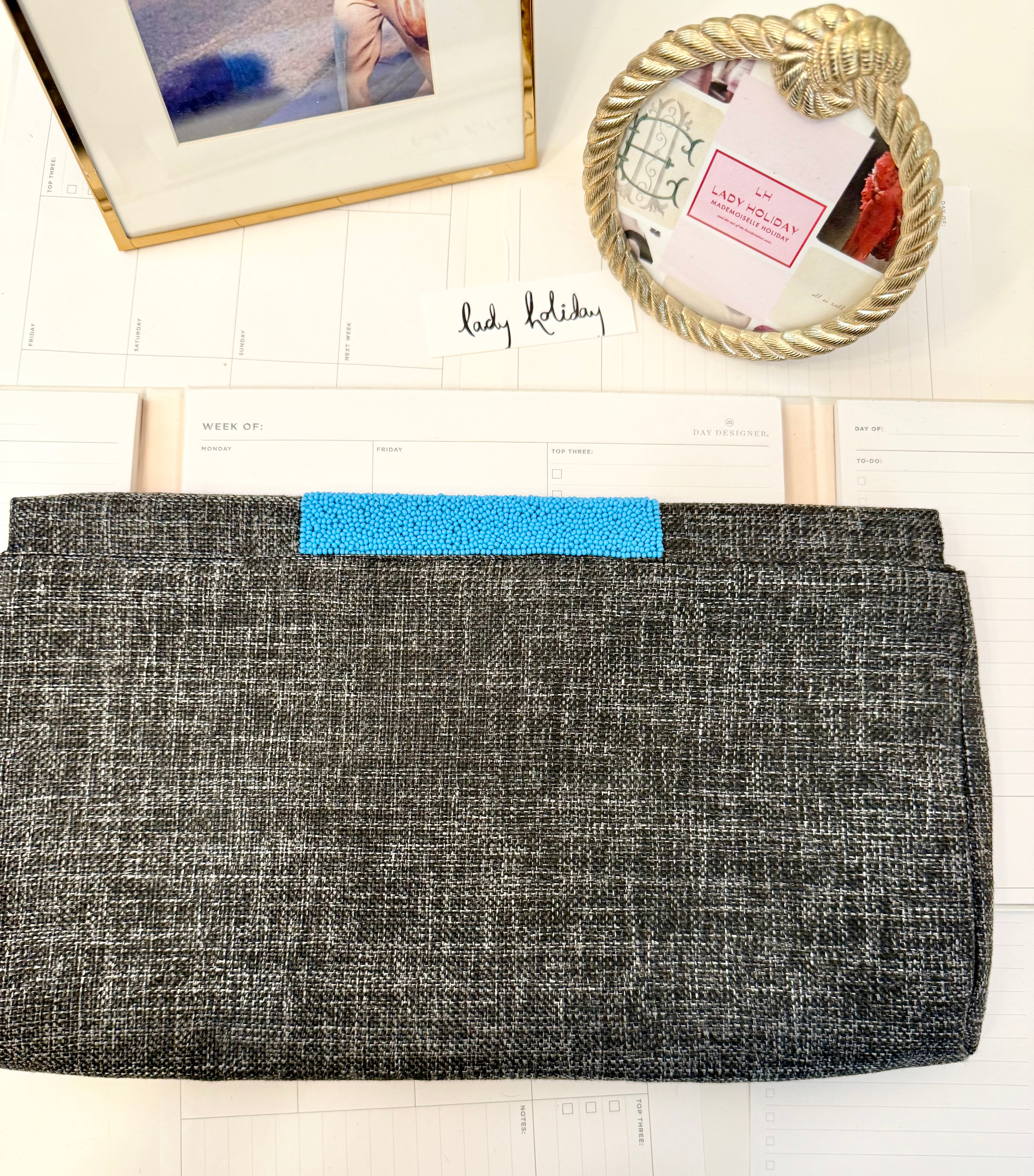 The most classy summery linen clutch adorned with blue glass beads... so feminine!