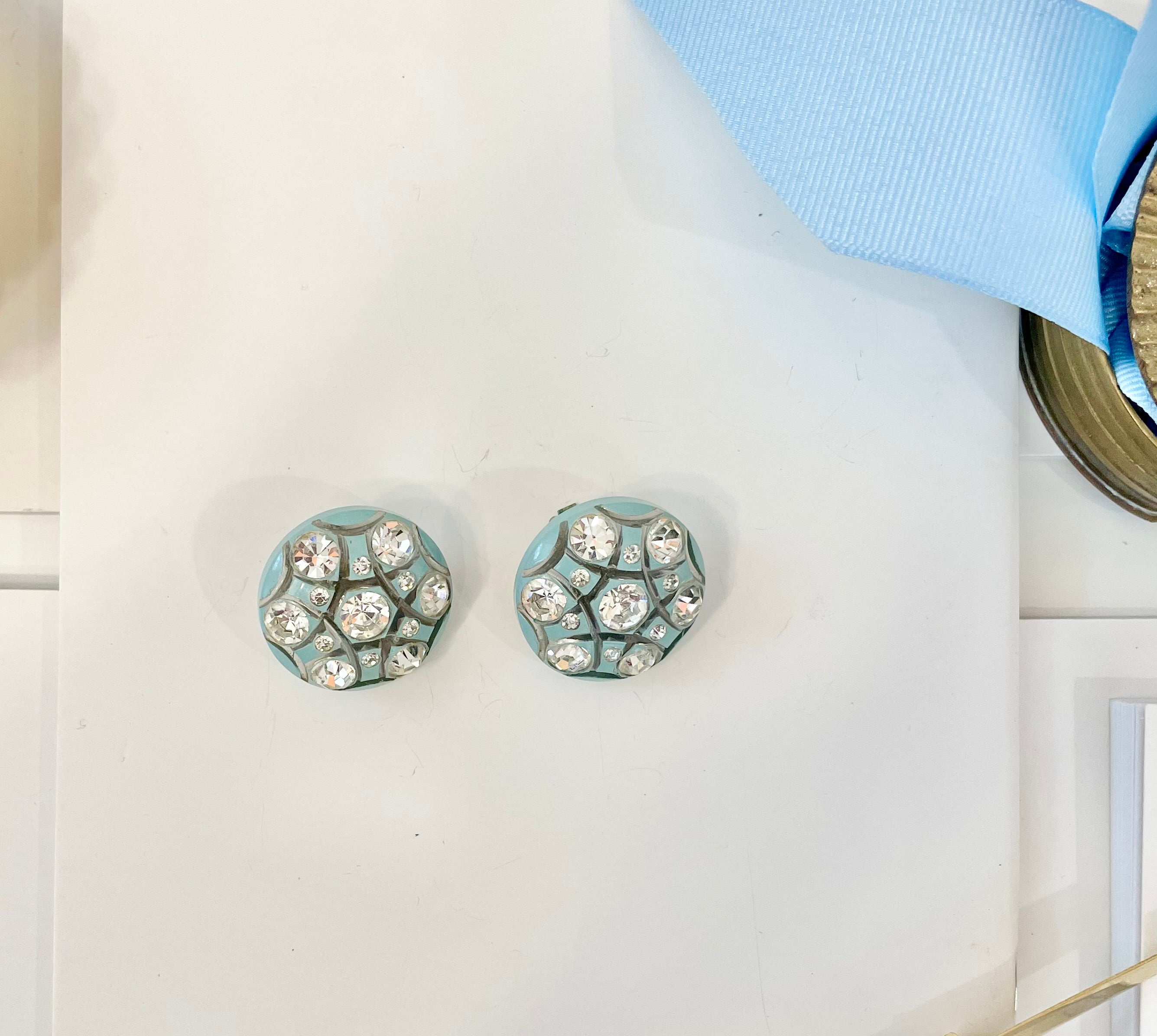 1960's Aqua and clear crystal button earrings.... so divine