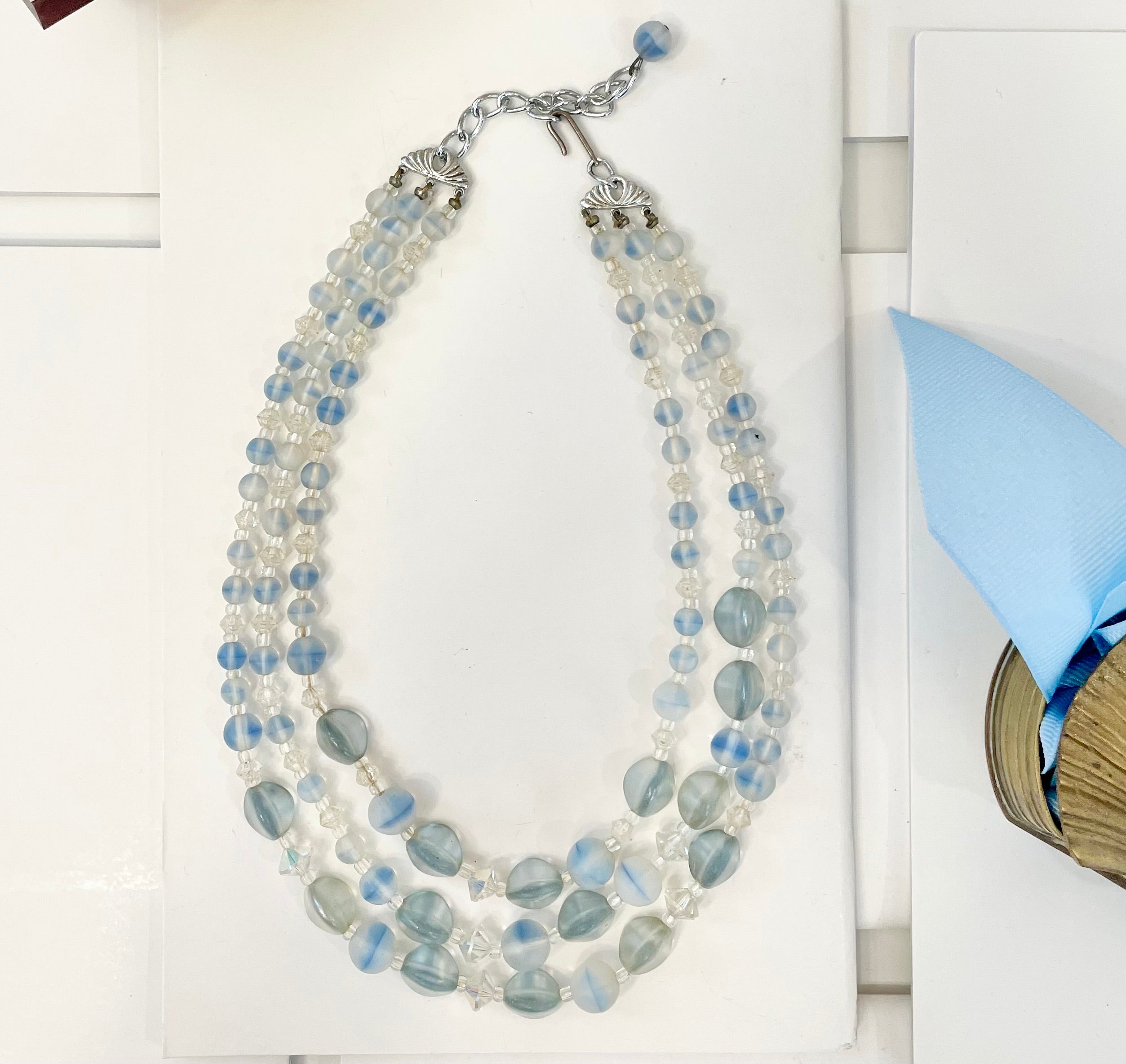 1960's Made In France soft blue glass multi strand charming necklace! so stunning.