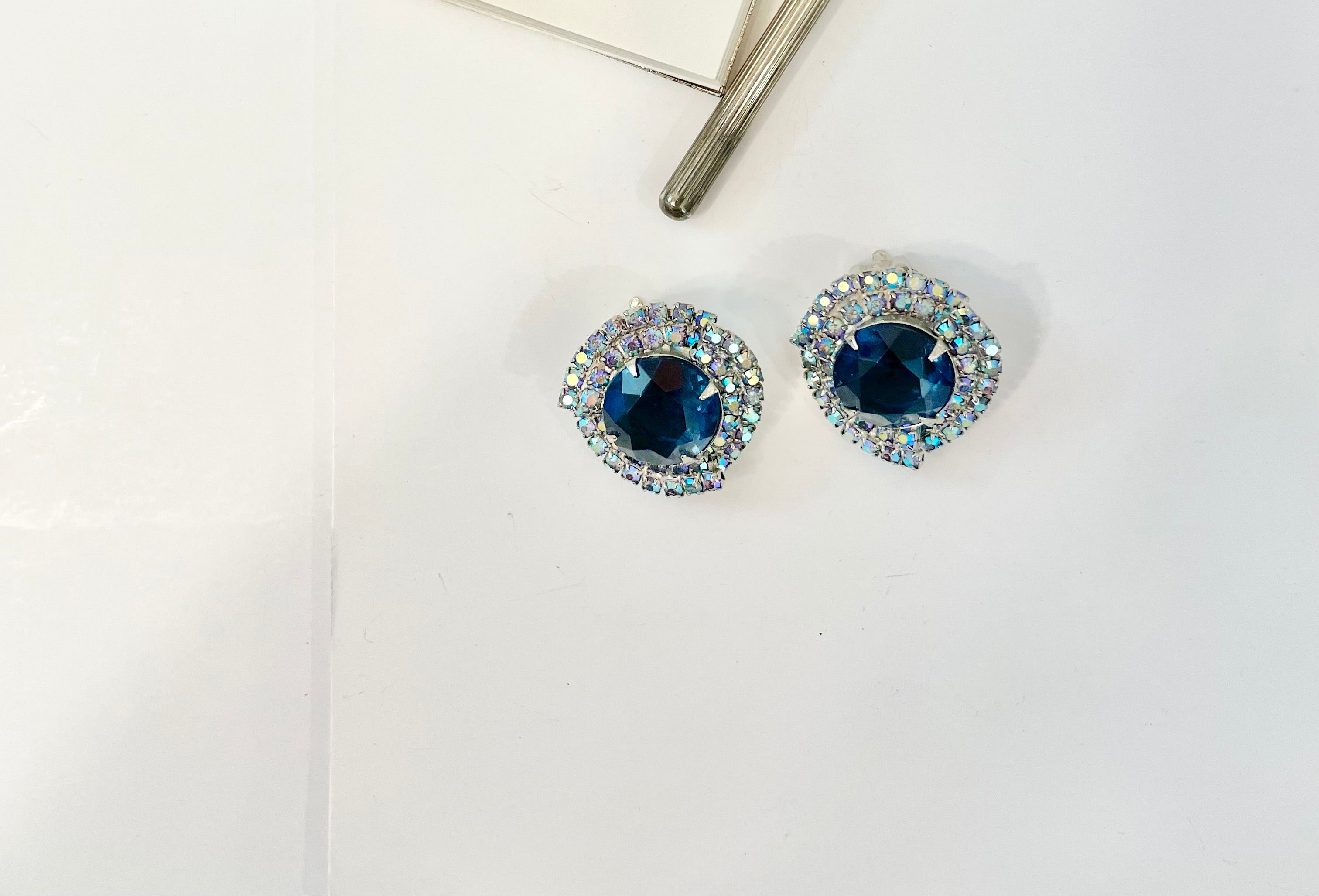 1960's  divine french sapphire glass button earrings.... oh so darling