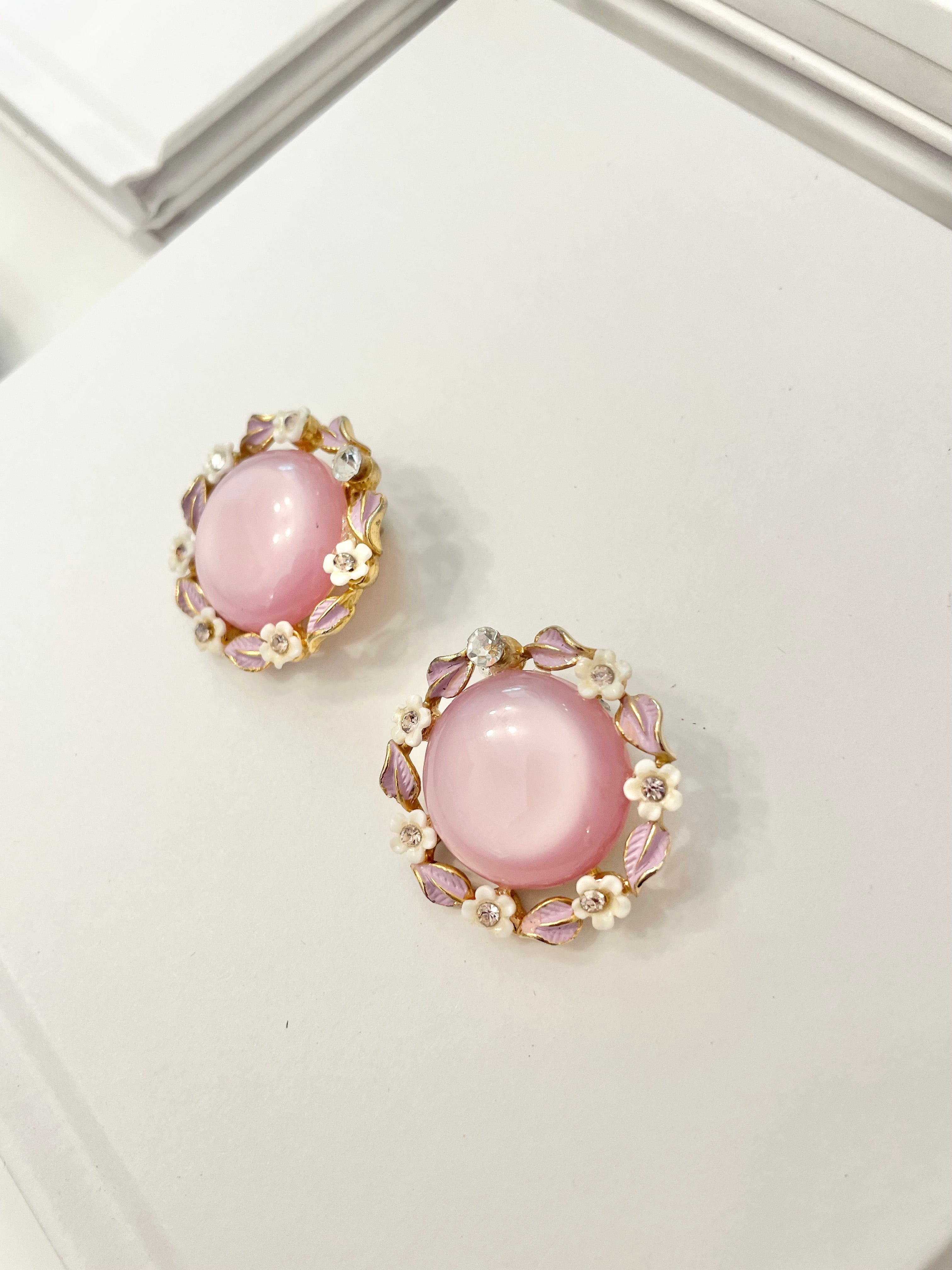 The Flirty Gal and her love of pink. These are so beautiful, soft moon glow flower earrings are truly delightful.