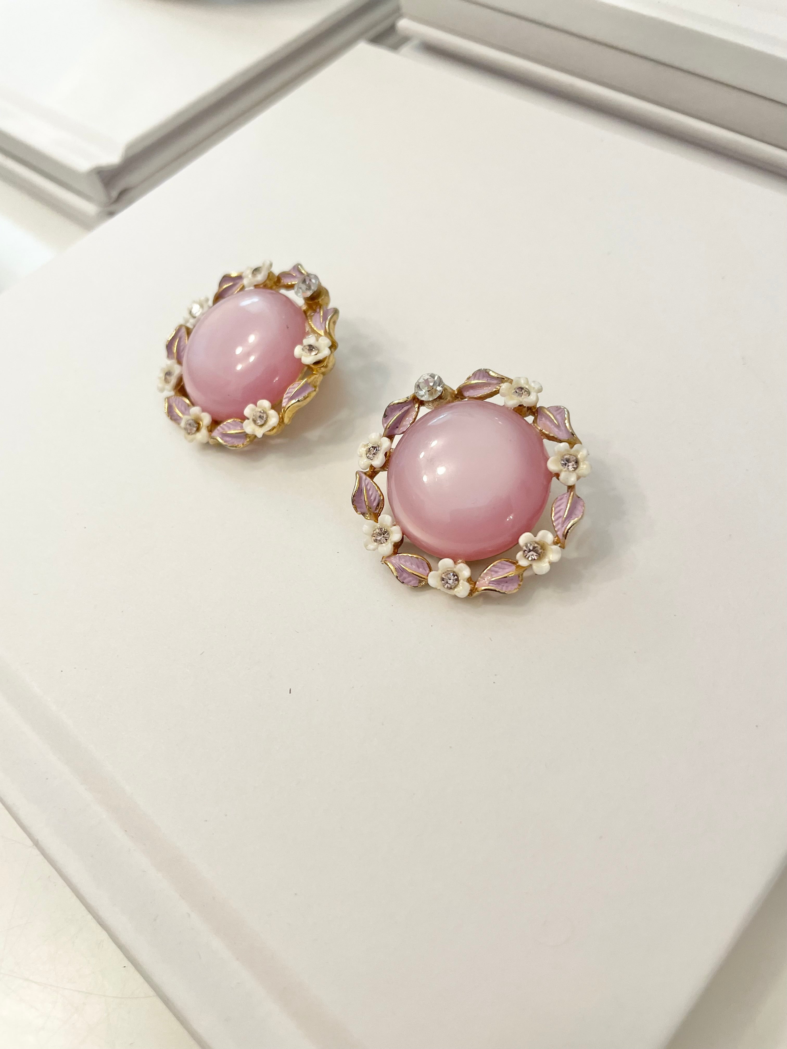 The Flirty Gal and her love of pink. These are so beautiful, soft moon glow flower earrings are truly delightful.