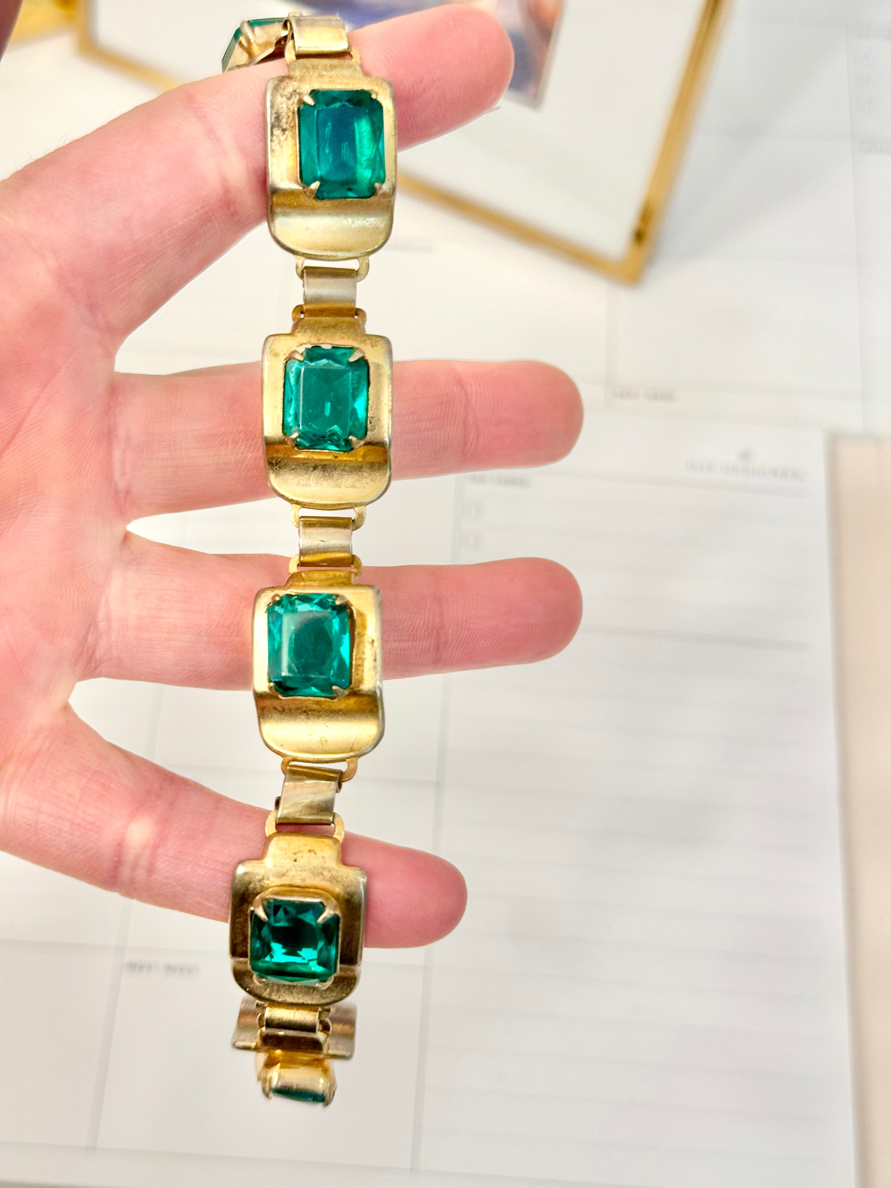 1940's emerald glass tennis bracelet... so elegant