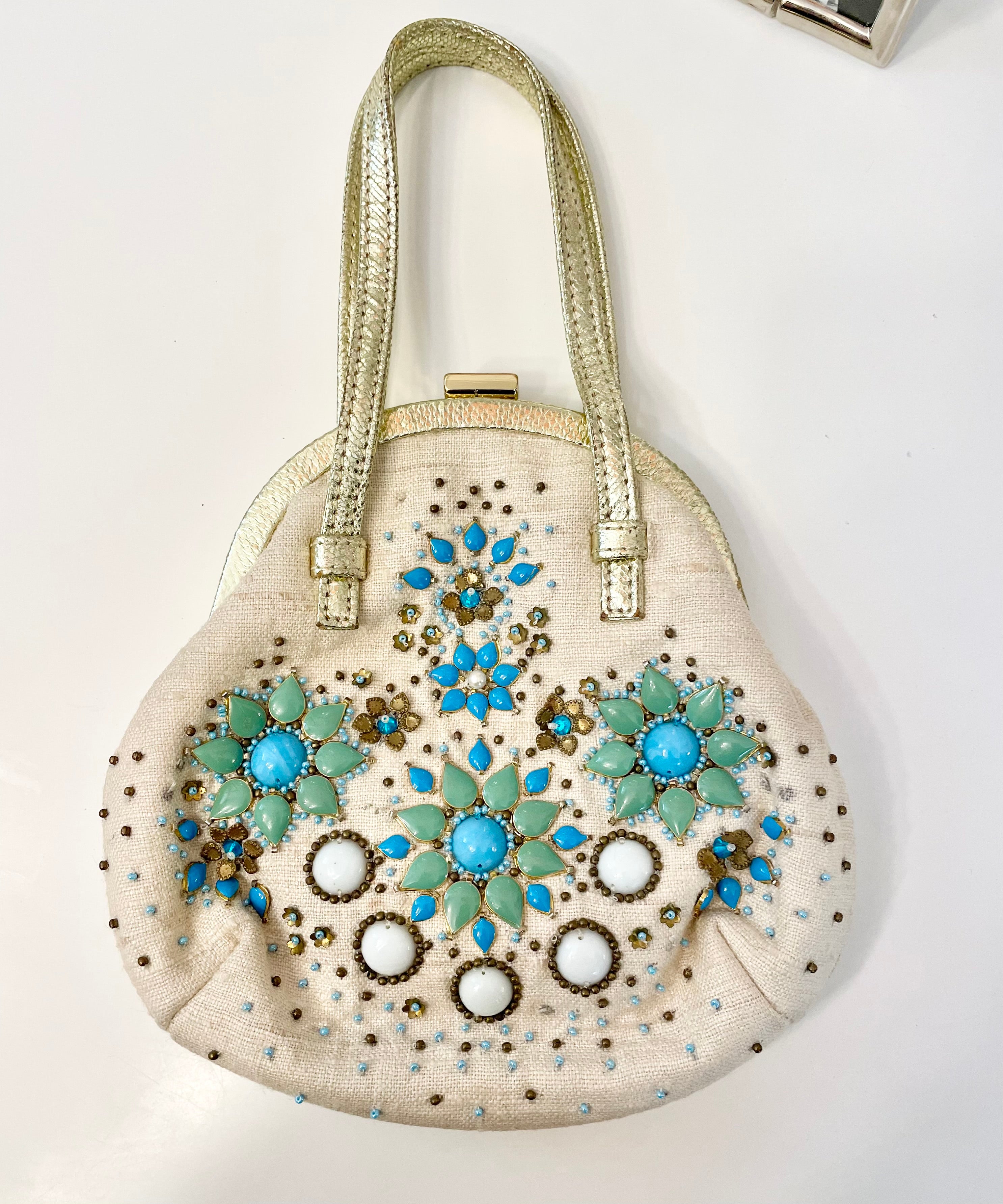 The most divine Rafe colorful beaded bag trimmed in gold leather... so feminine