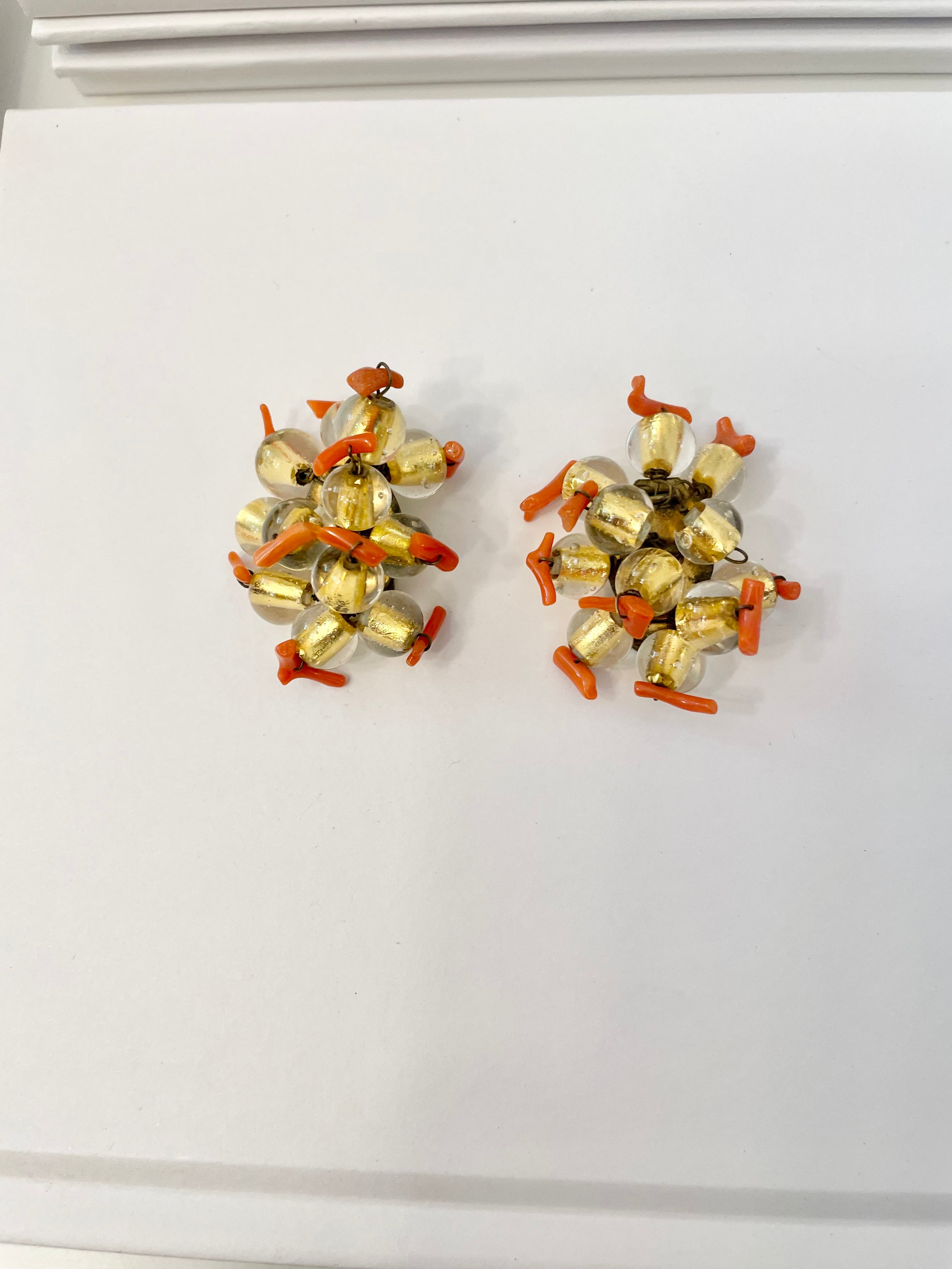 1950's classy yellow glass, and branch coral clip earrings.. Made in France.