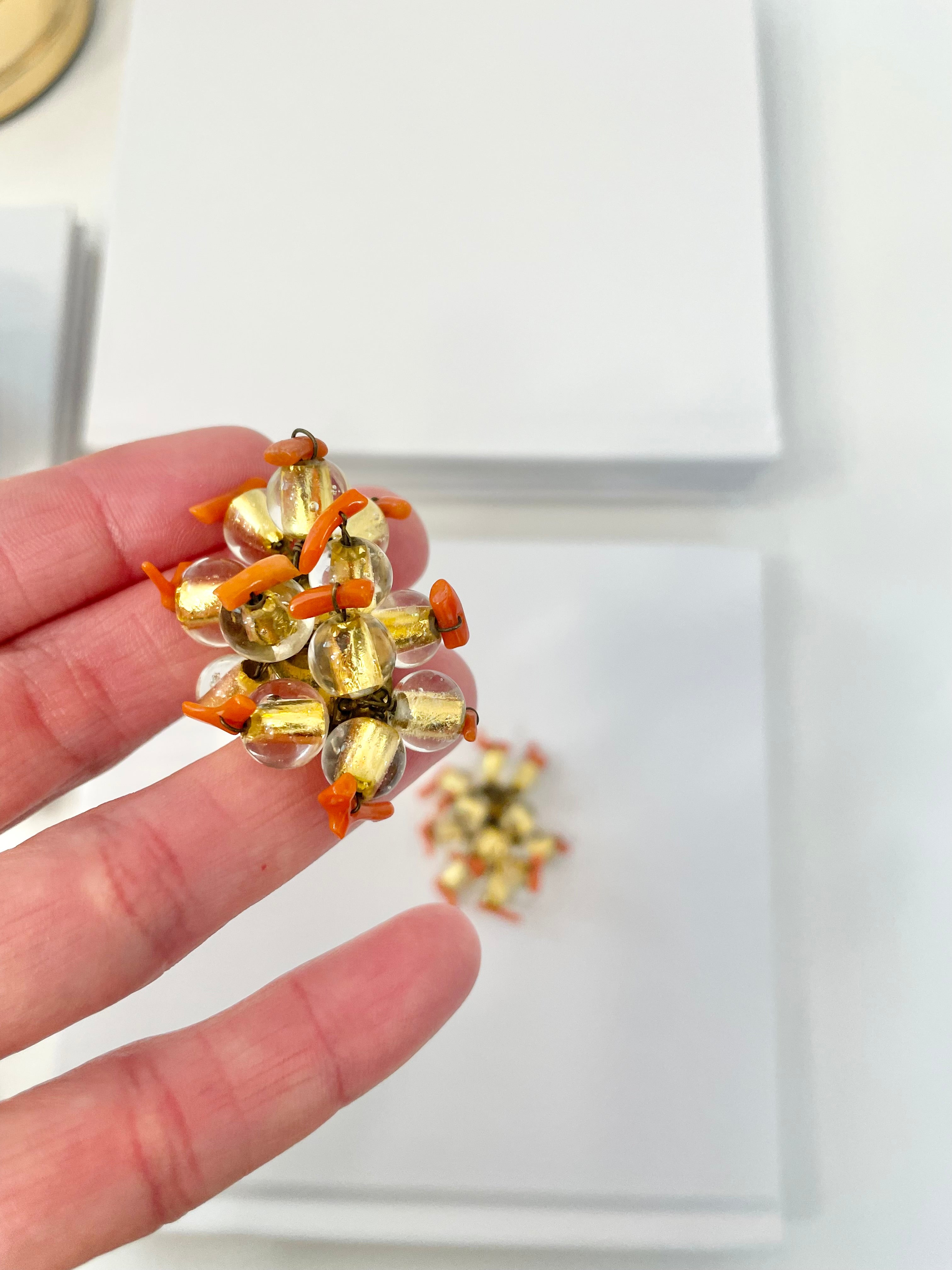 1950's classy yellow glass, and branch coral clip earrings.. Made in France.