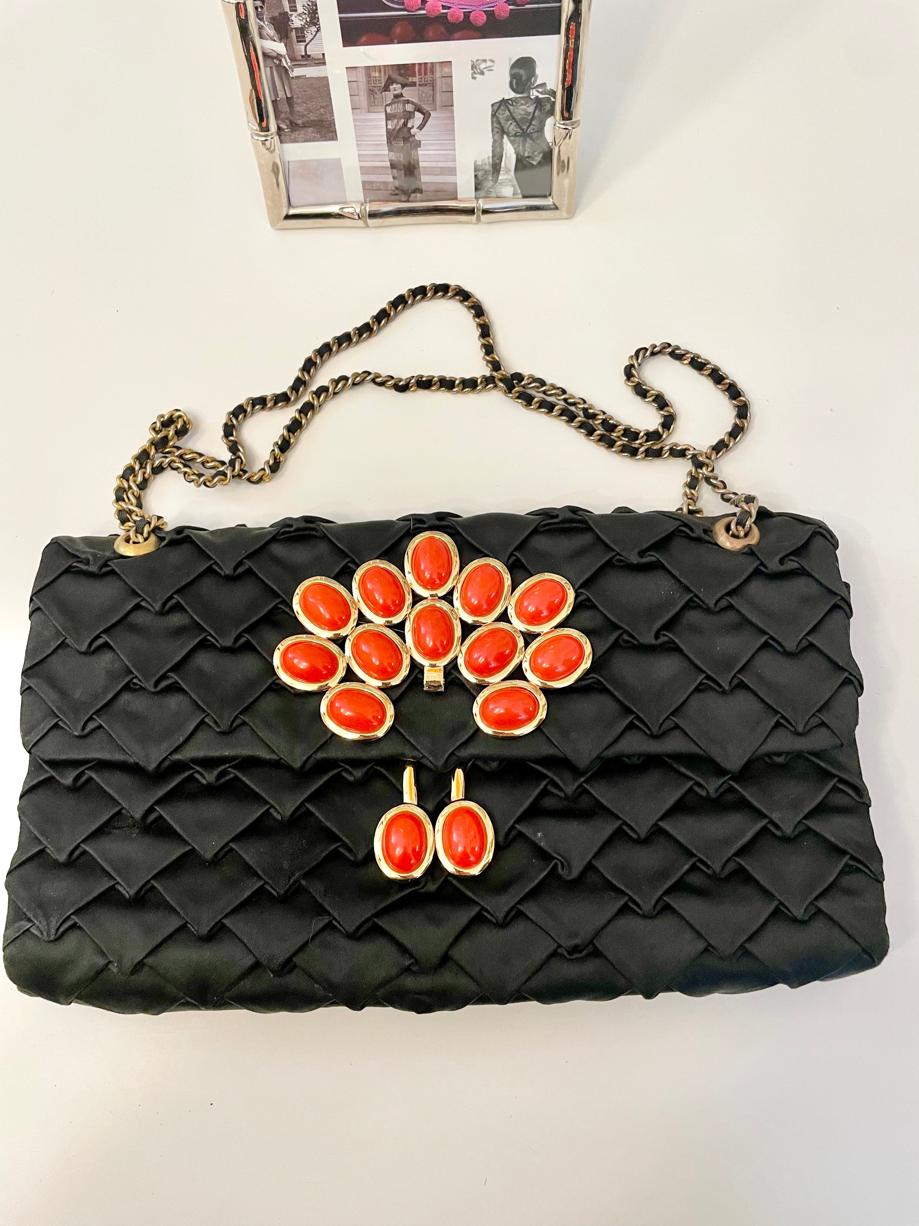 Vintage flirty satin bag adorned with coral and gold..... so sassy.