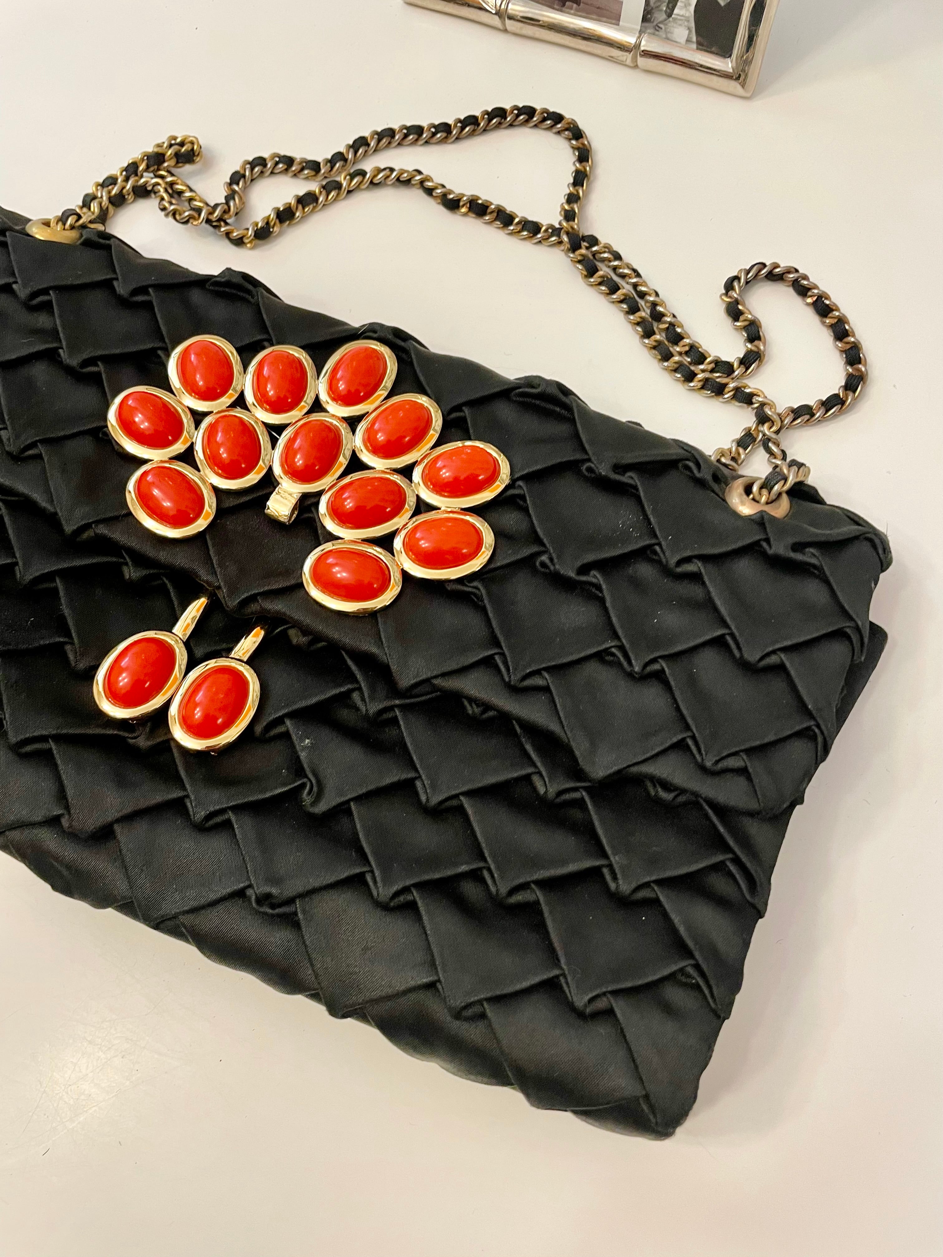 Vintage flirty satin bag adorned with coral and gold..... so sassy.