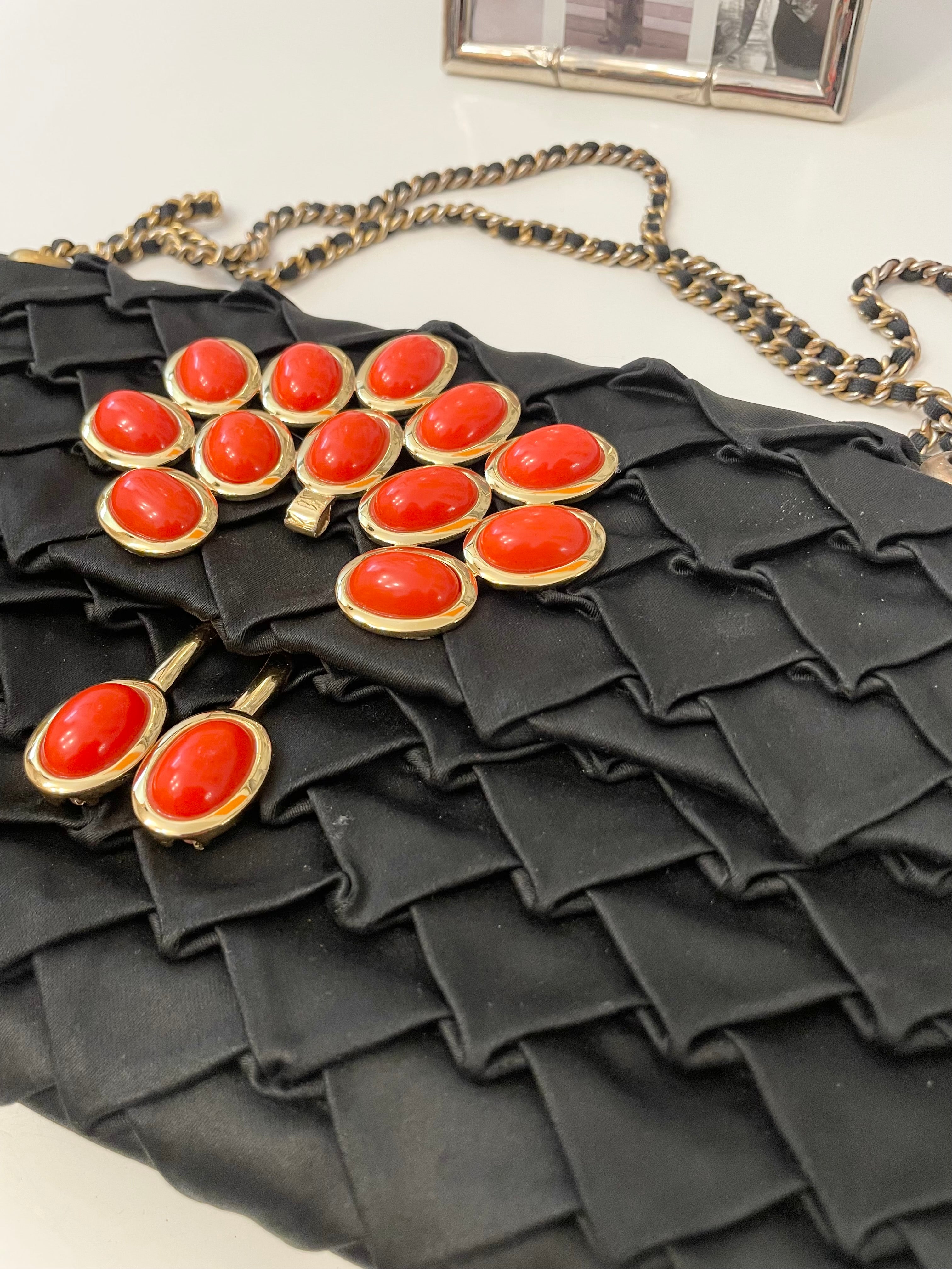 Vintage flirty satin bag adorned with coral and gold..... so sassy.