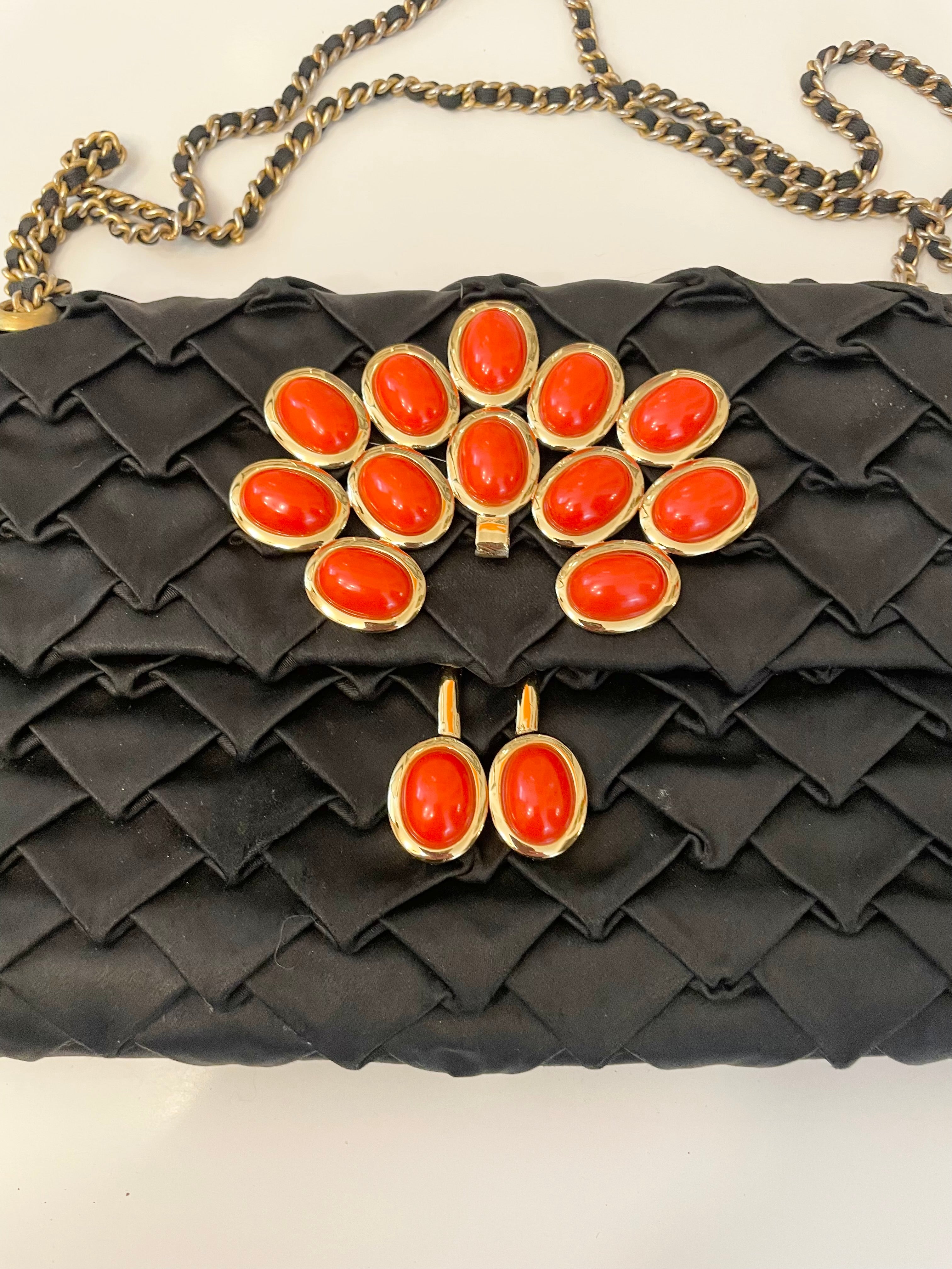 Vintage flirty satin bag adorned with coral and gold..... so sassy.