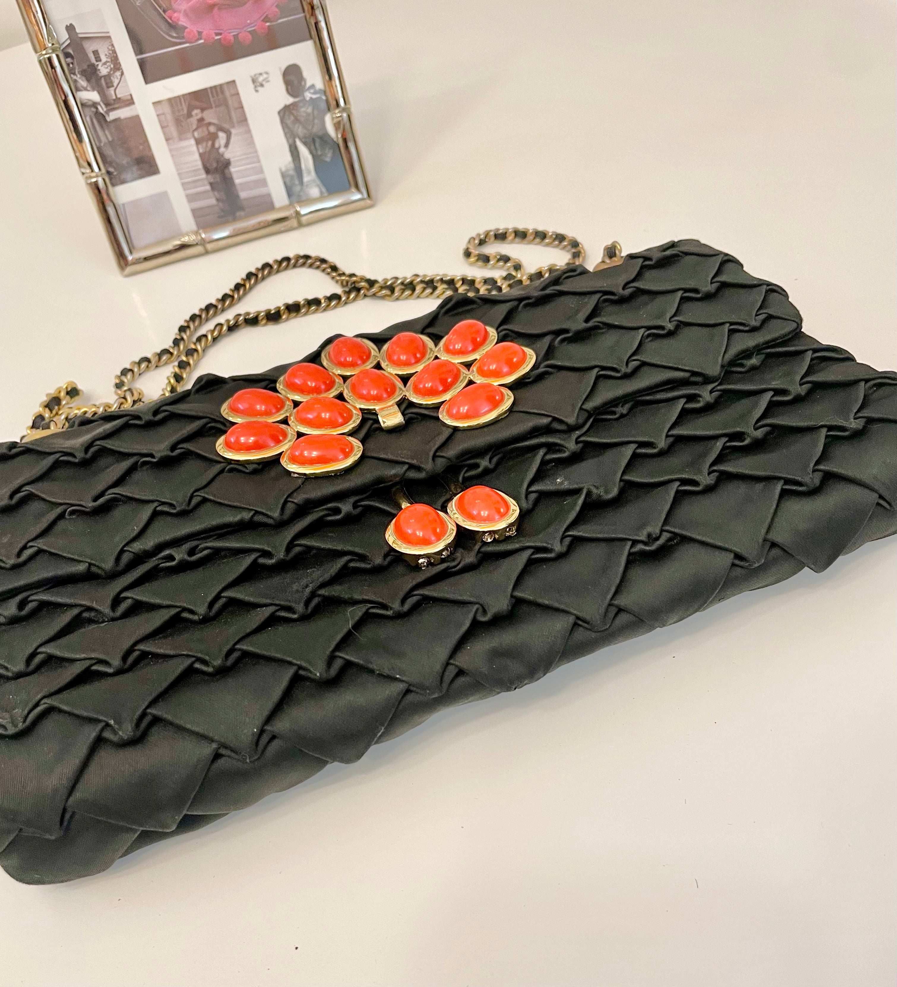 Vintage flirty satin bag adorned with coral and gold..... so sassy.