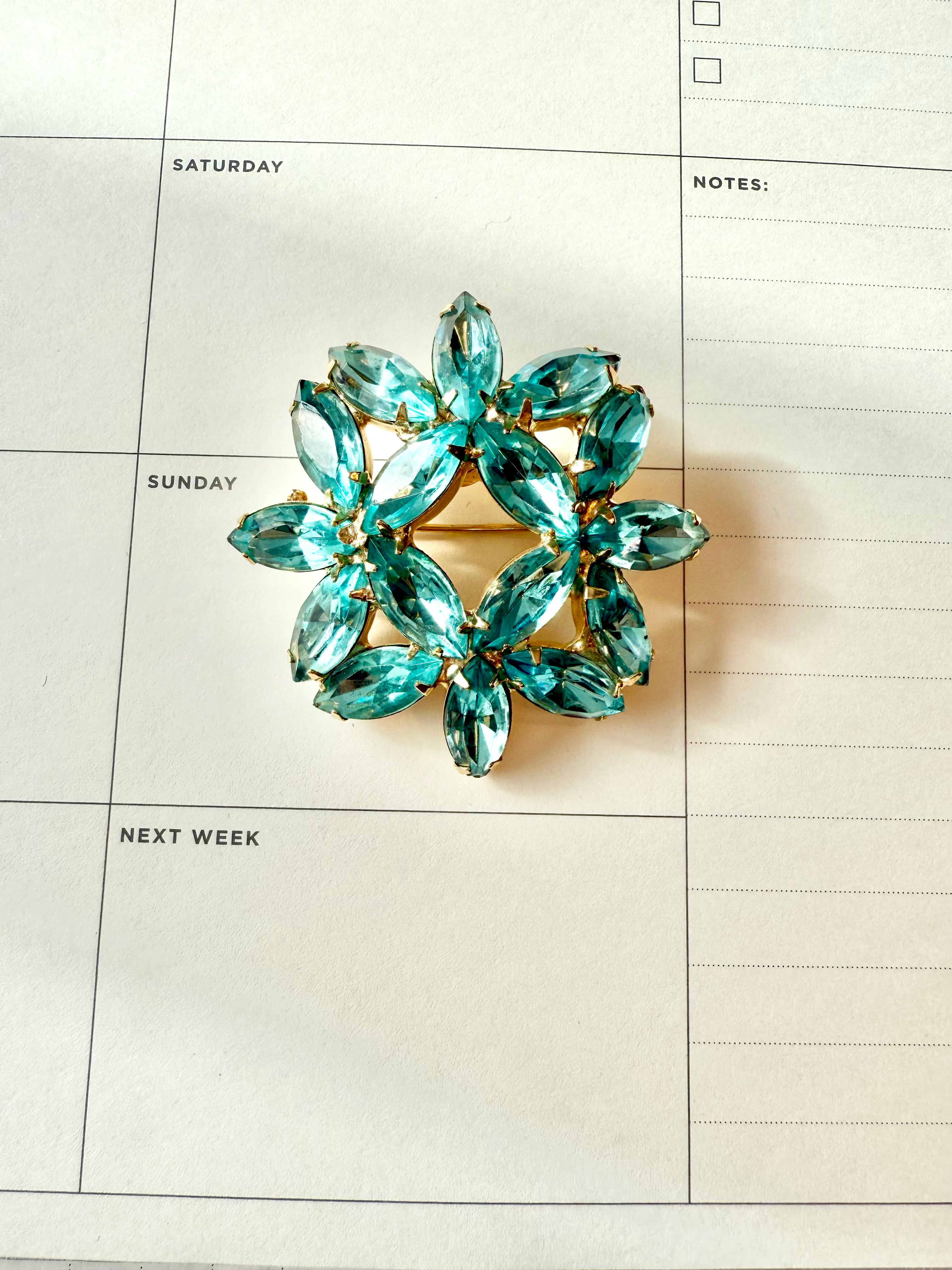 1960's aqua glass super fancy flower brooch...