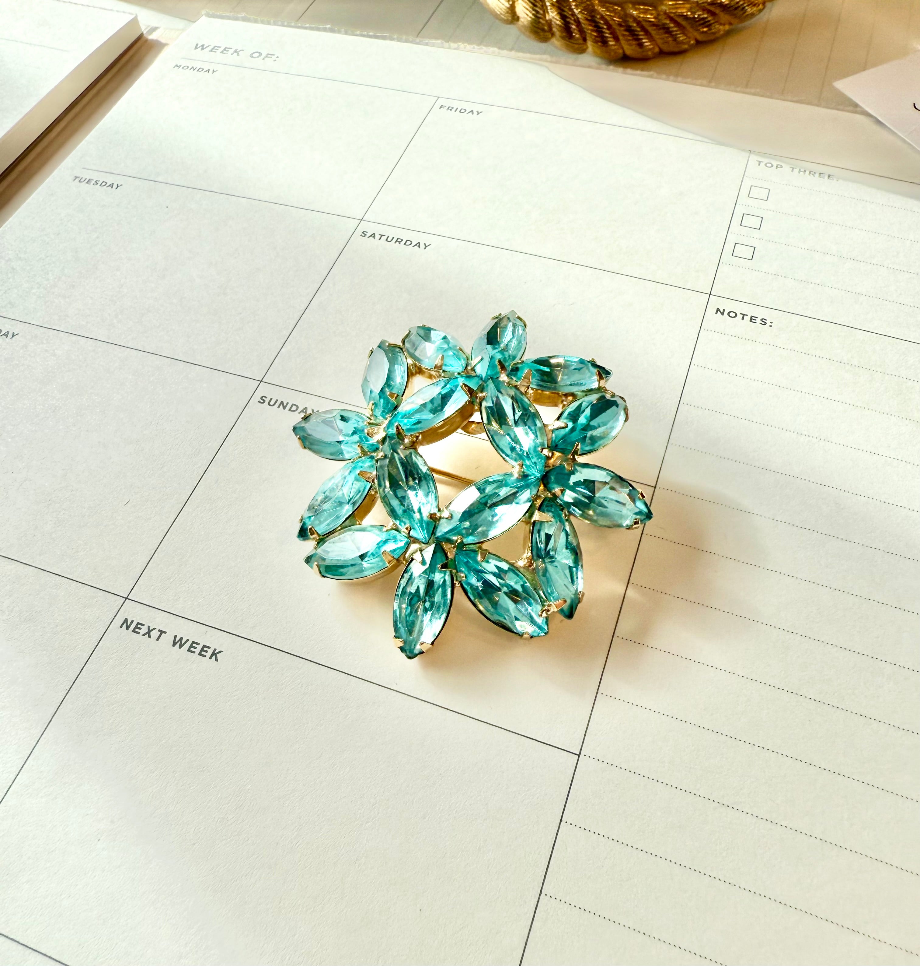 1960's aqua glass super fancy flower brooch...