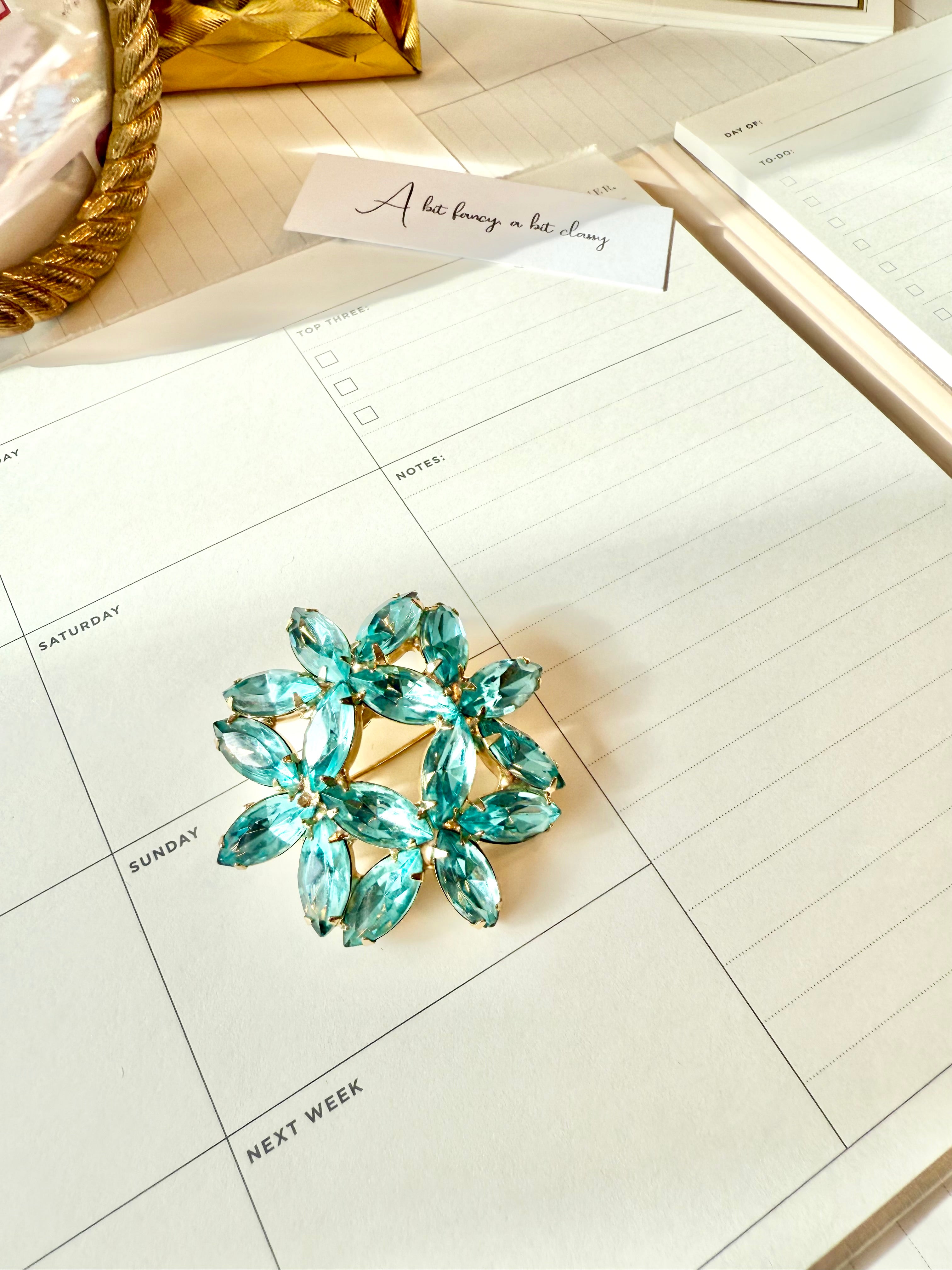 1960's aqua glass super fancy flower brooch...