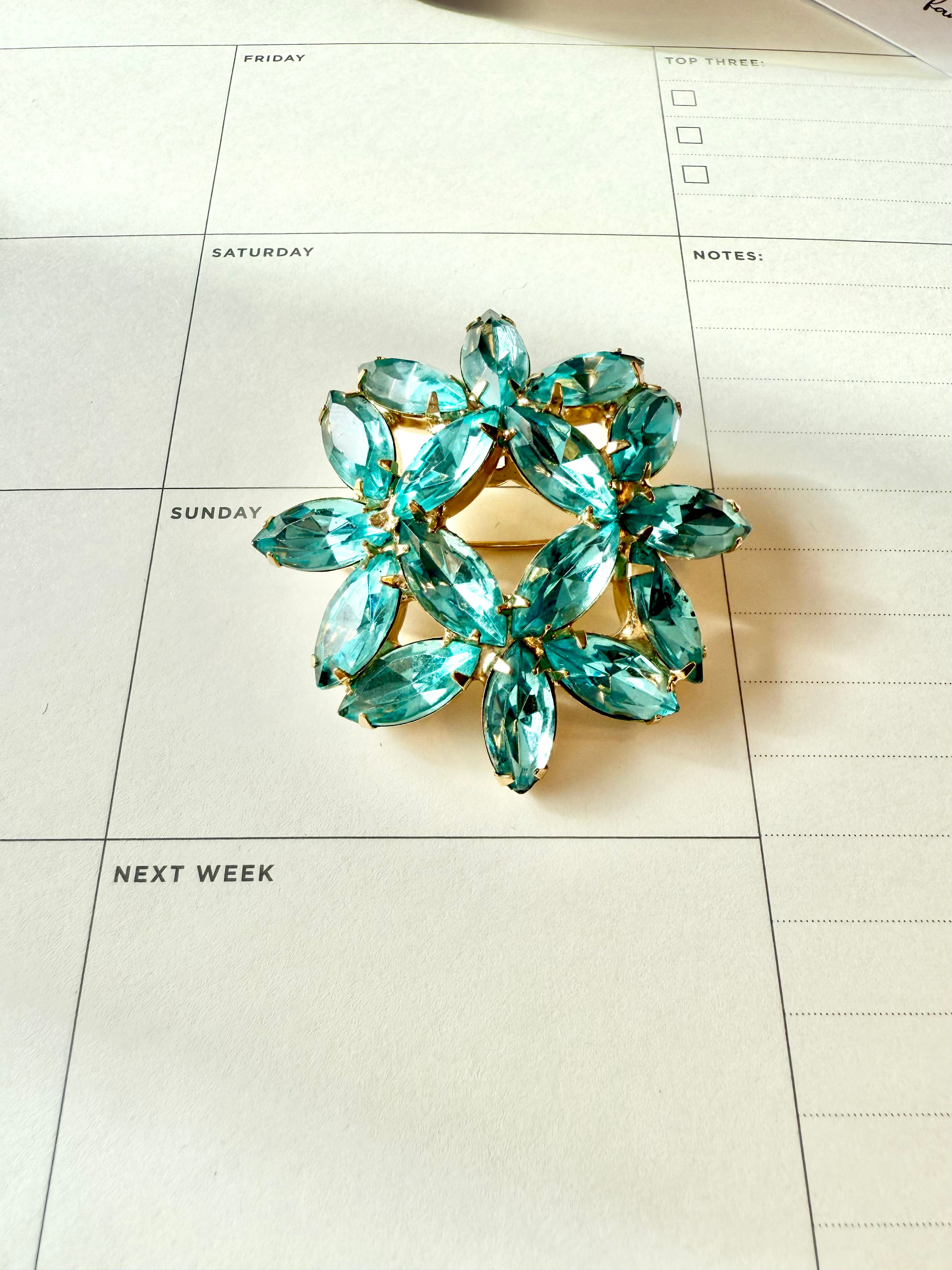 1960's aqua glass super fancy flower brooch...