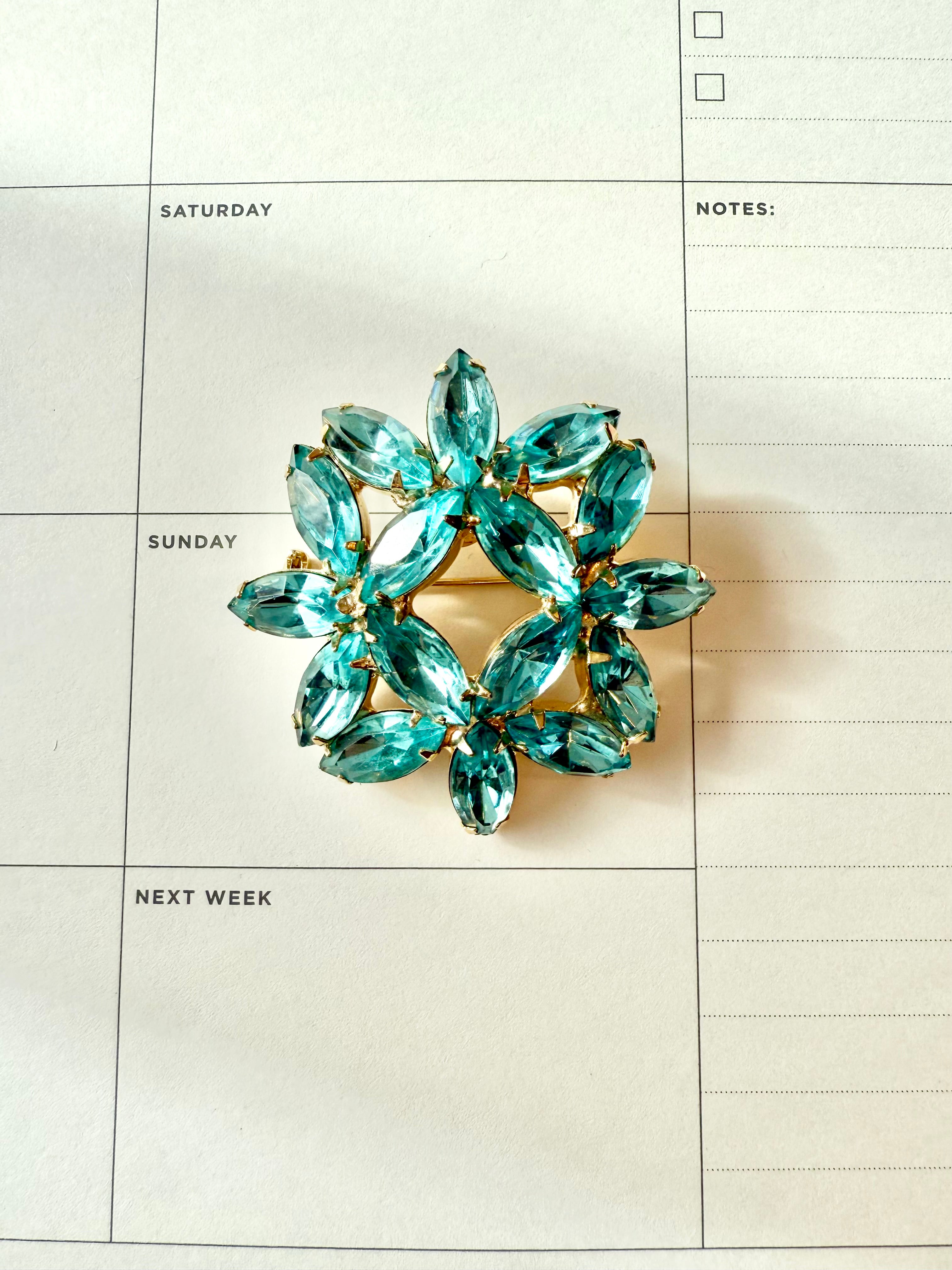 1960's aqua glass super fancy flower brooch...