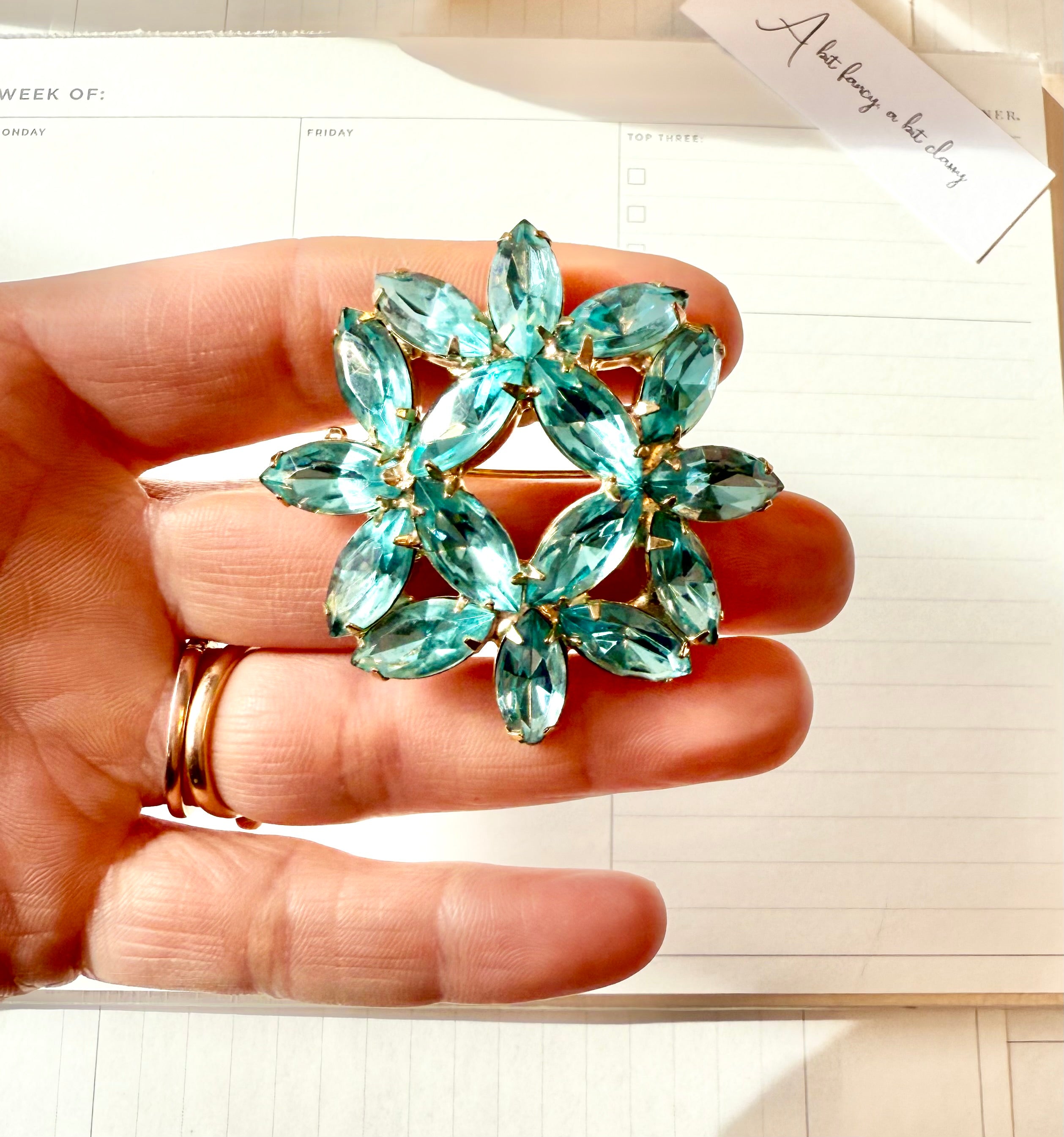 1960's aqua glass super fancy flower brooch...