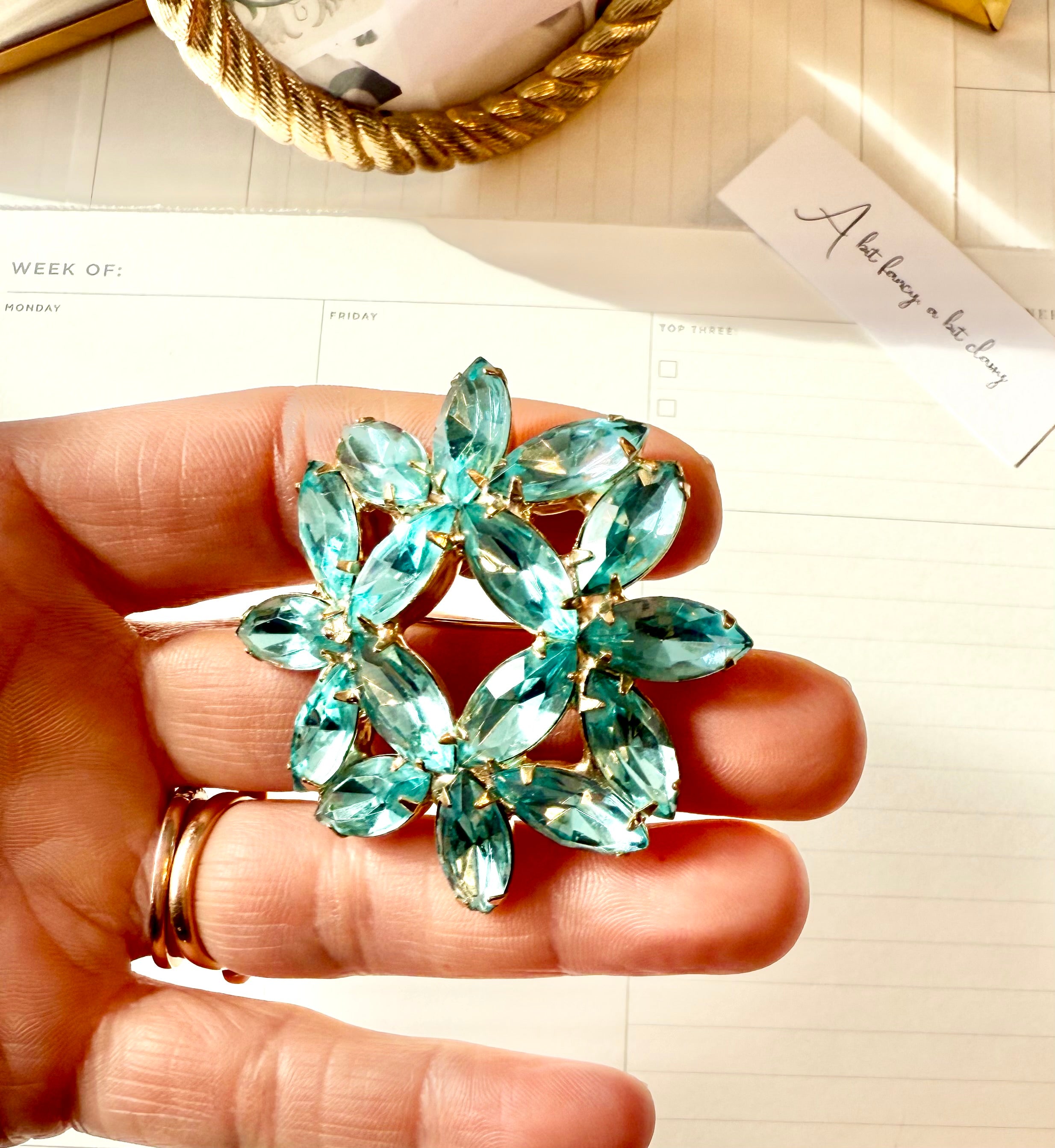 1960's aqua glass super fancy flower brooch...