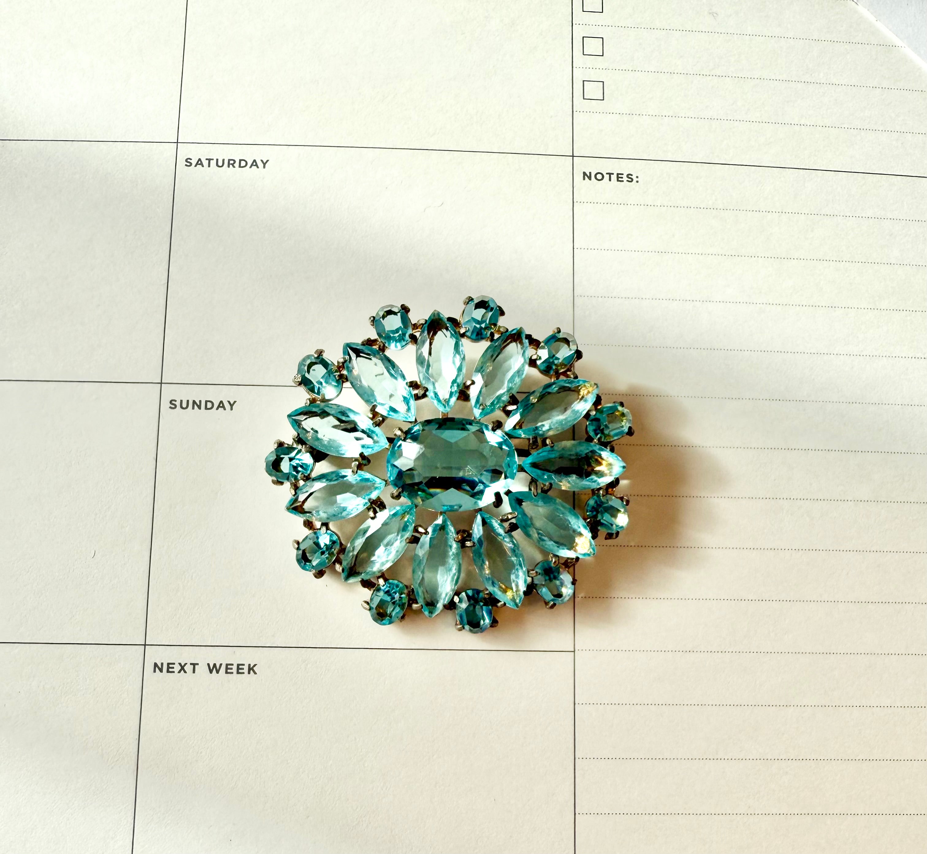 1930's stunning aquamarine glass brooch... so divine