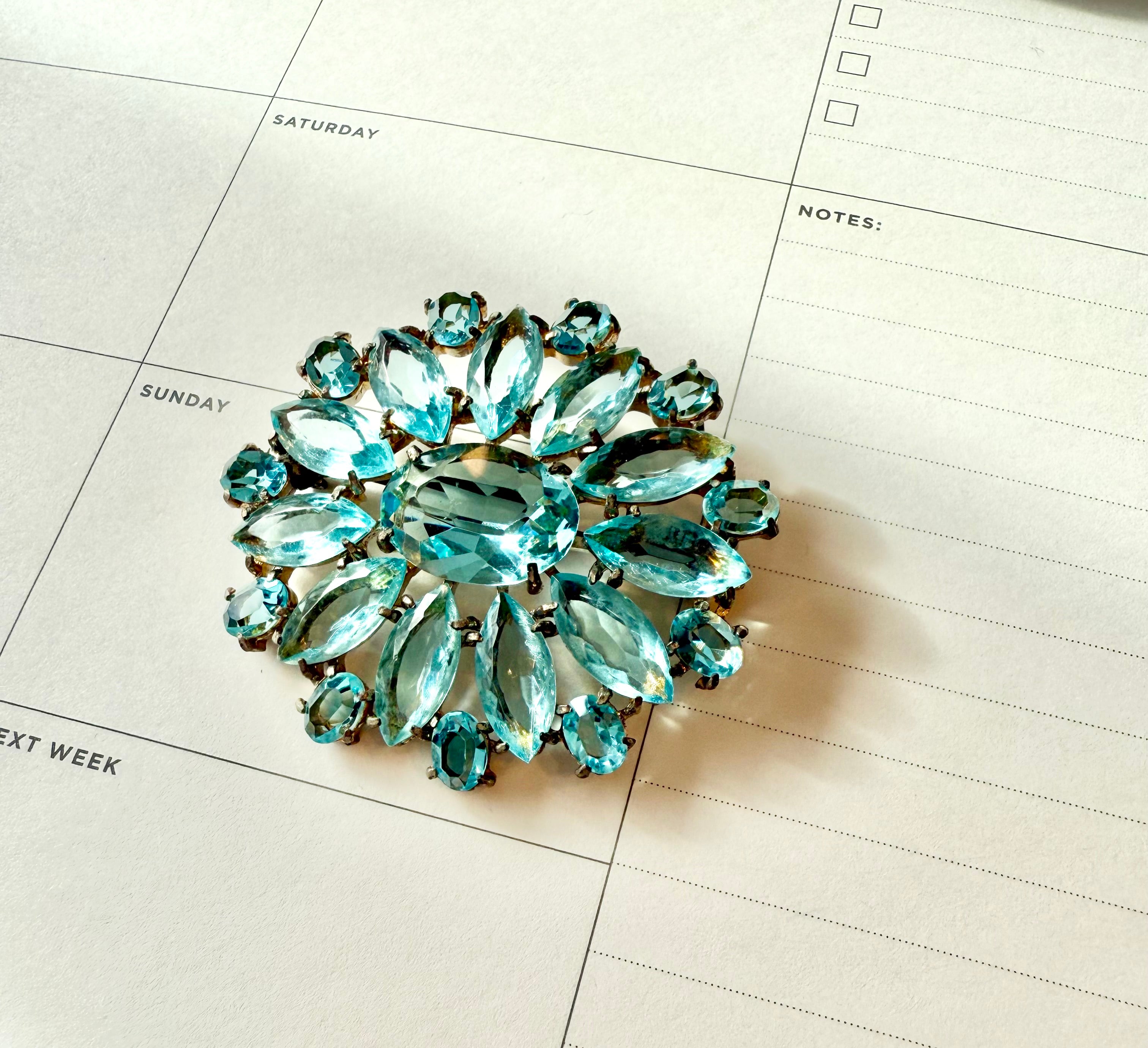 1930's stunning aquamarine glass brooch... so divine