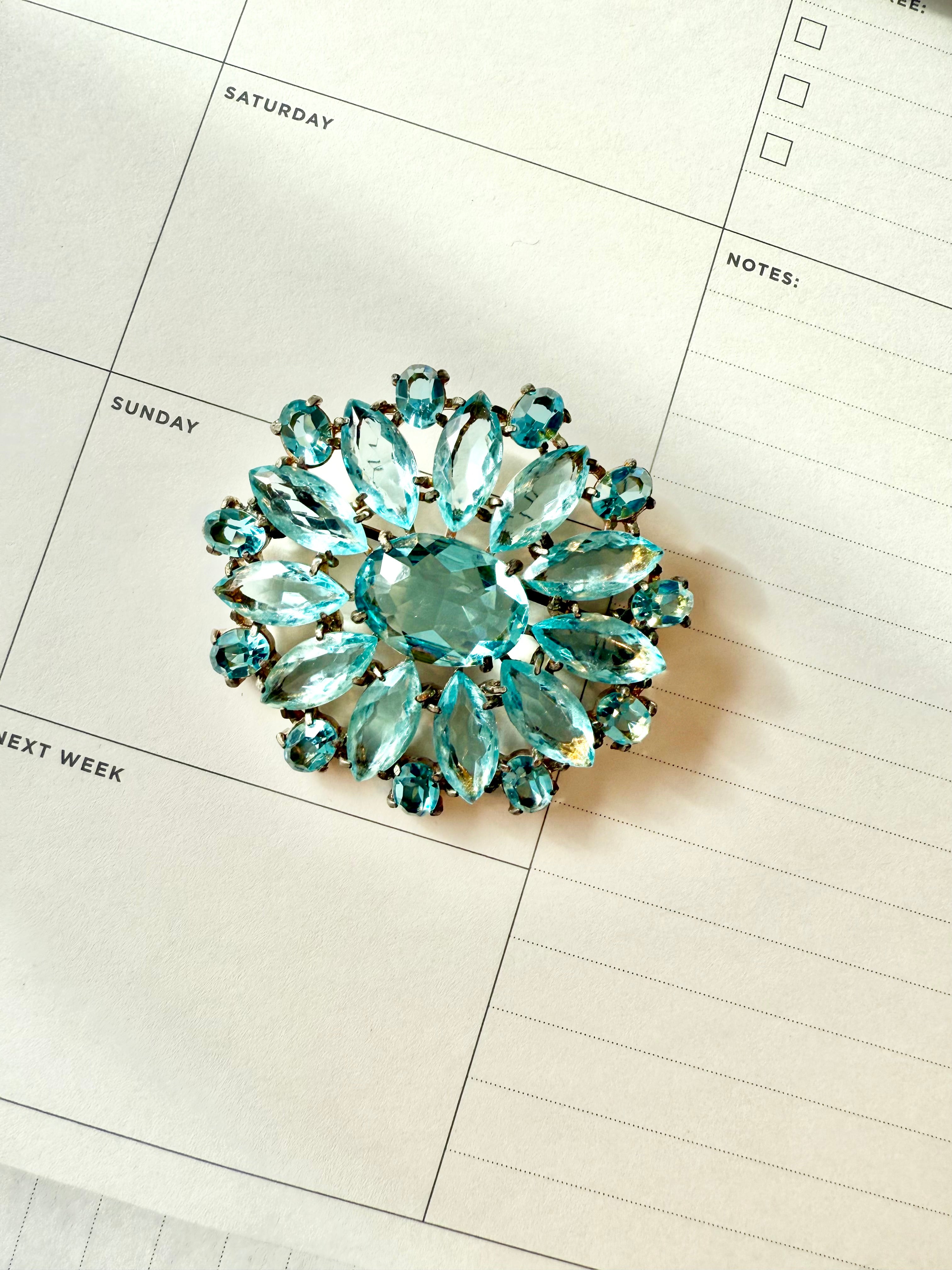 1930's stunning aquamarine glass brooch... so divine