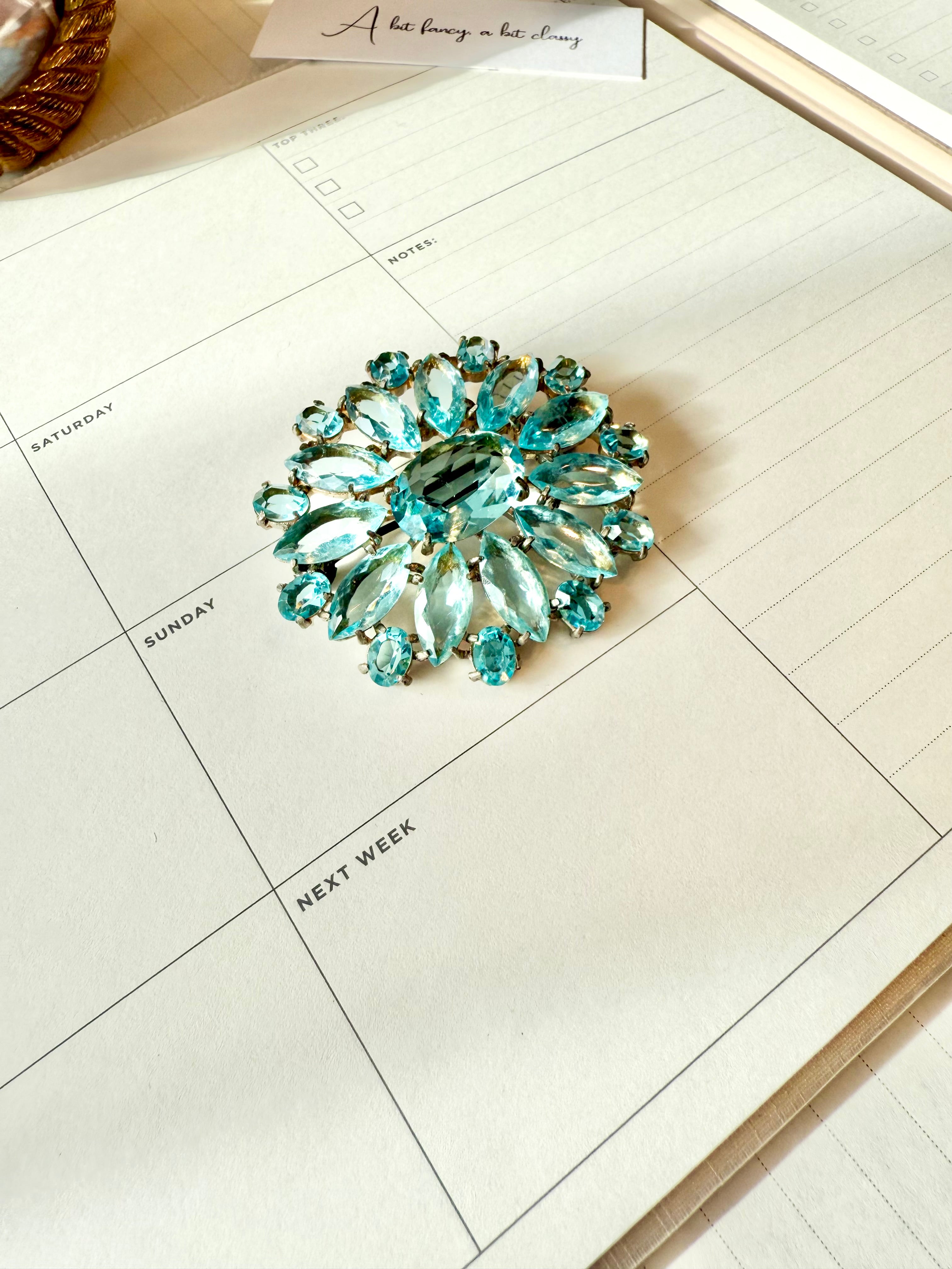 1930's stunning aquamarine glass brooch... so divine