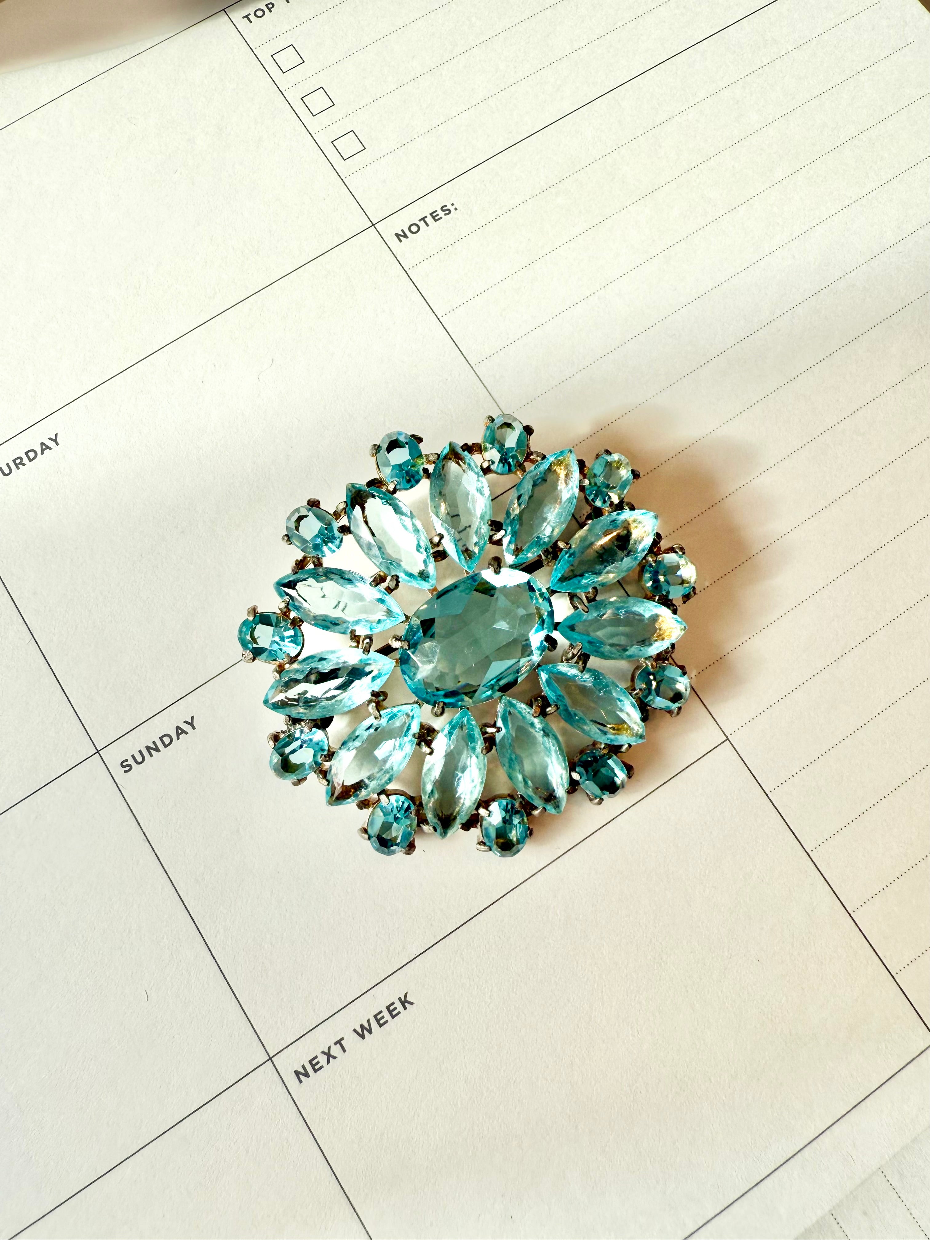 1930's stunning aquamarine glass brooch... so divine