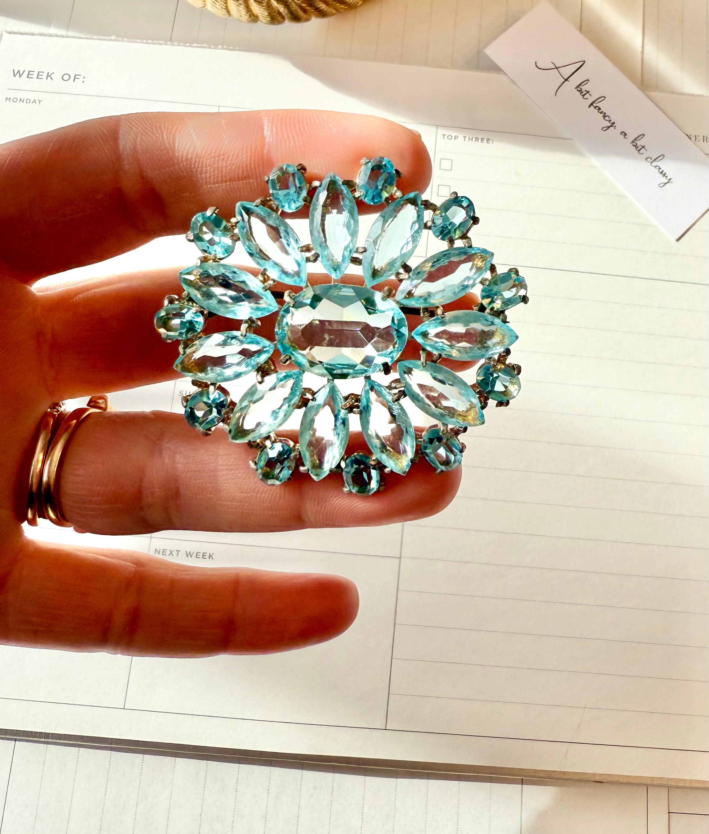 1930's stunning aquamarine glass brooch... so divine