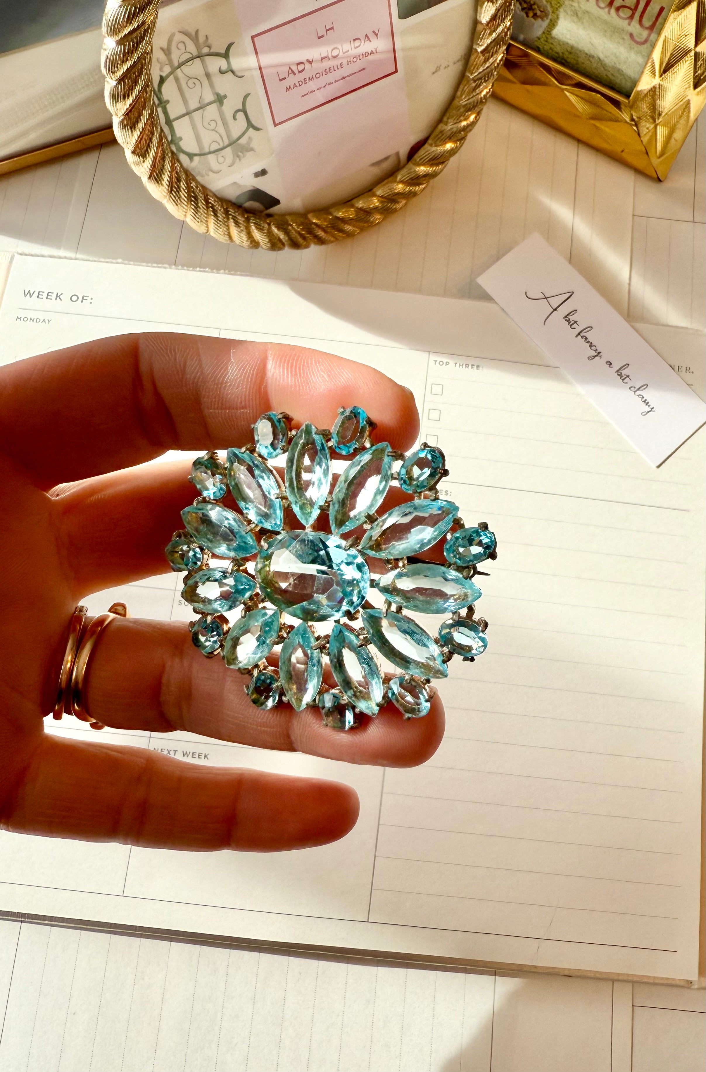 1930's stunning aquamarine glass brooch... so divine