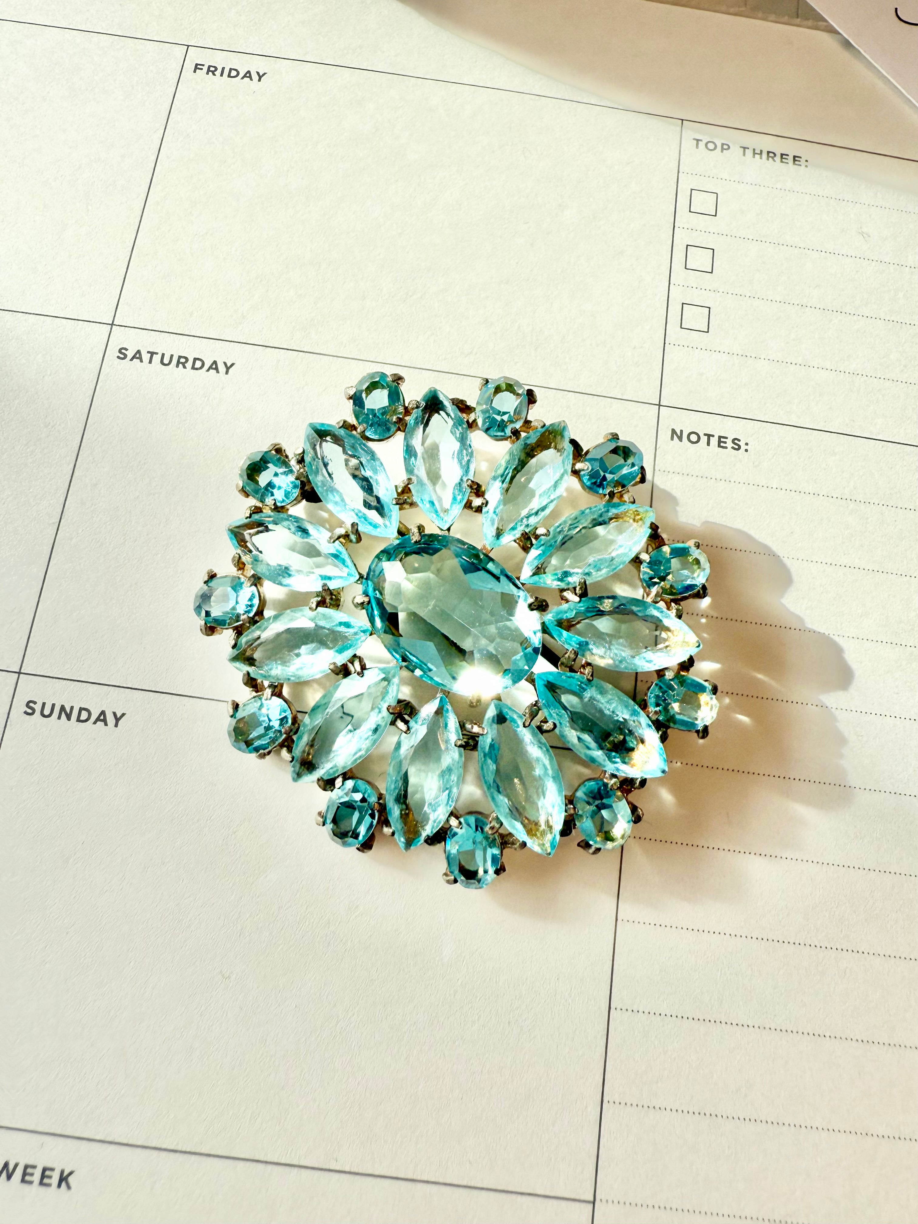 1930's stunning aquamarine glass brooch... so divine