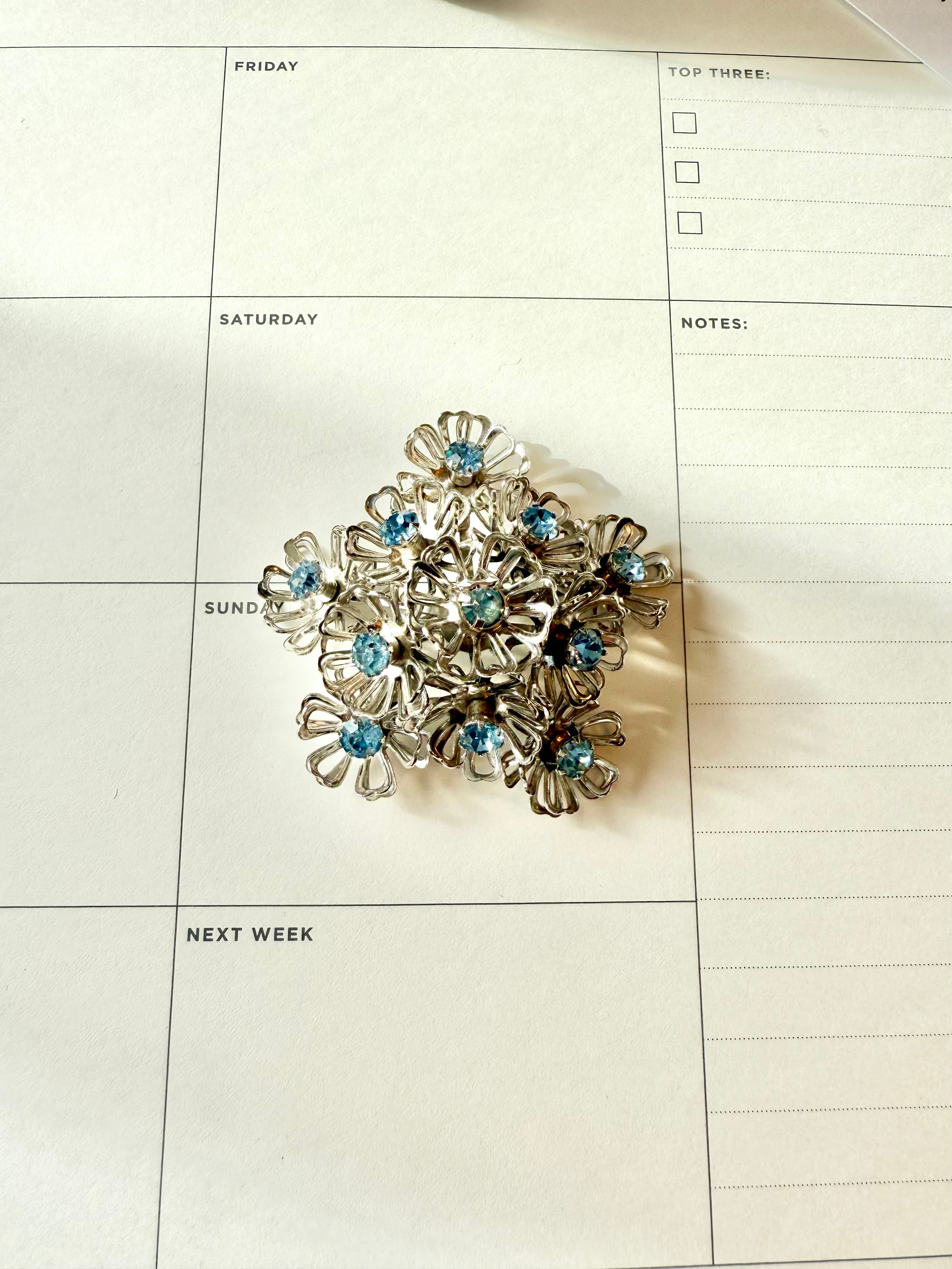 1950's Made In France darling silver and soft blue flower brooch....