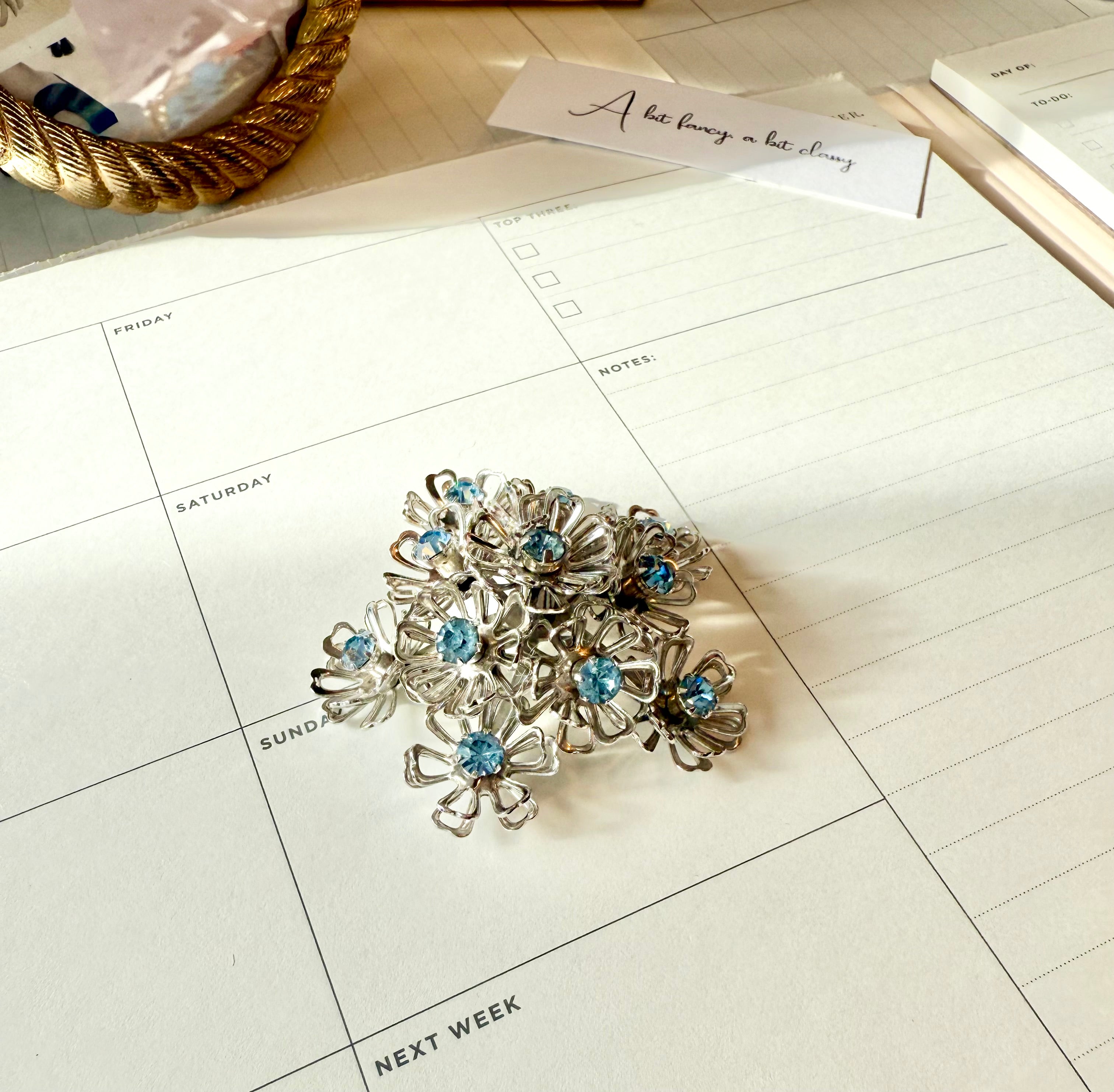 1950's Made In France darling silver and soft blue flower brooch....