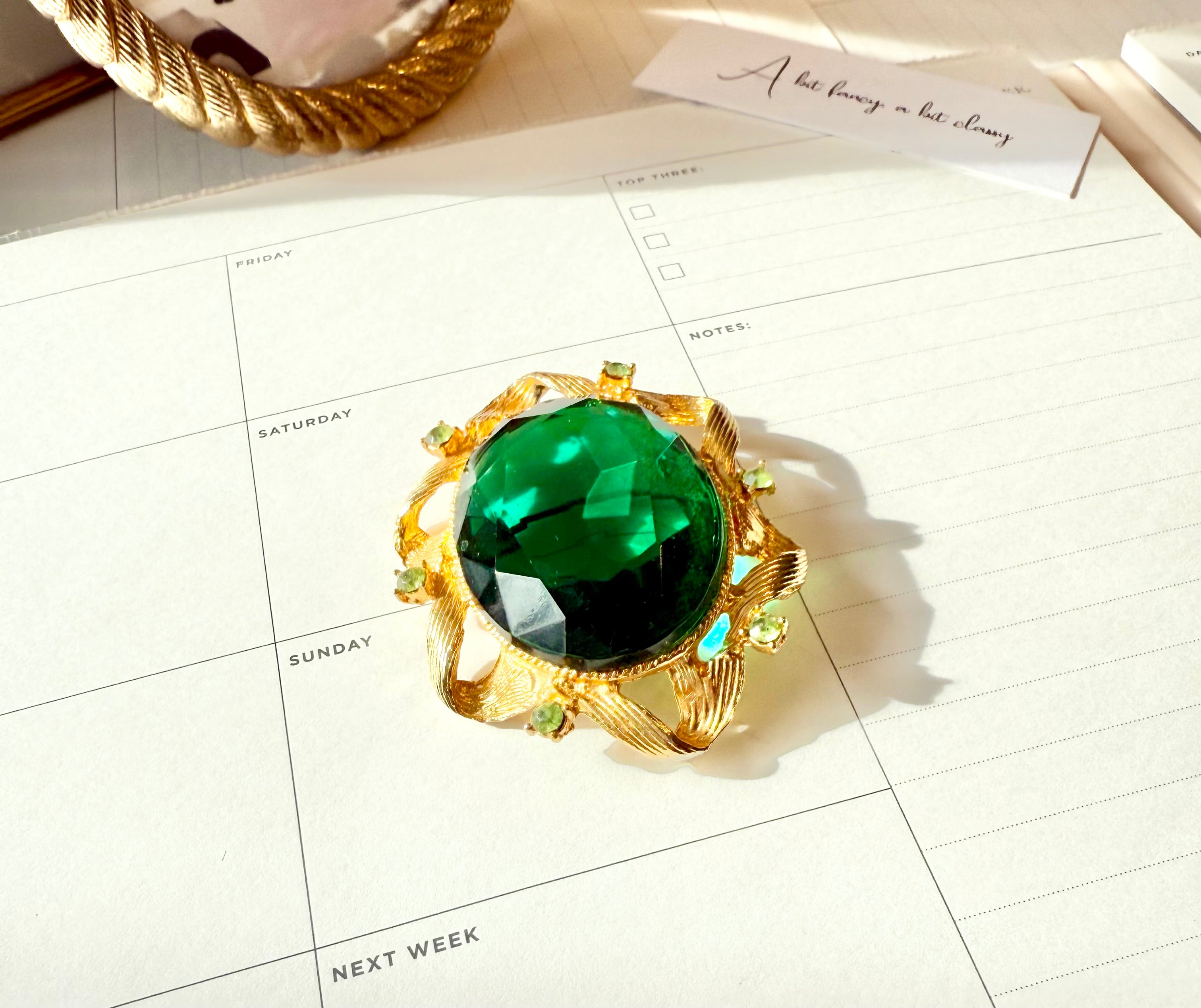 1960's divine emerald green glass brooch... so dramatic